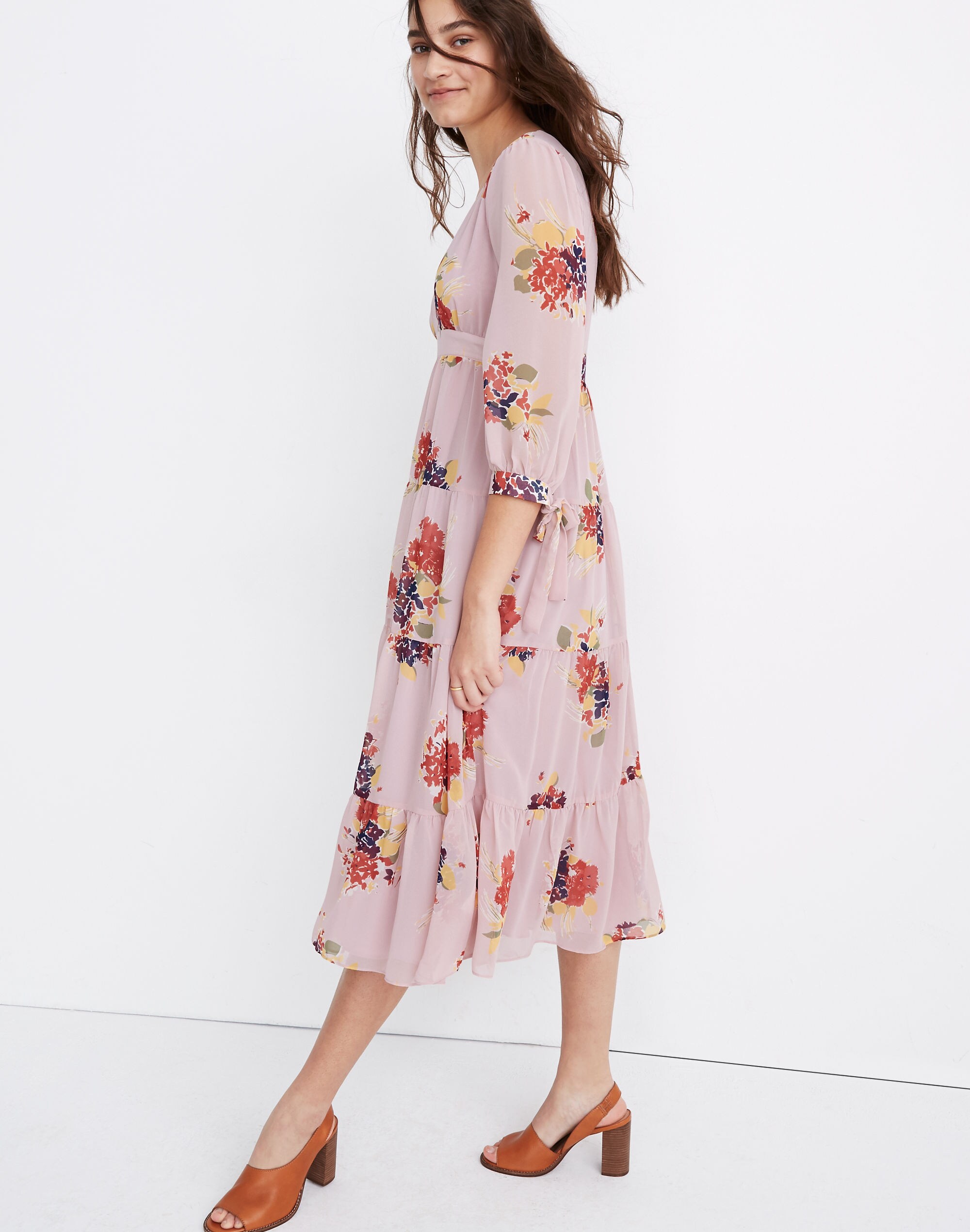 Tie-Sleeve Tiered Midi Dress in Market Bouquet