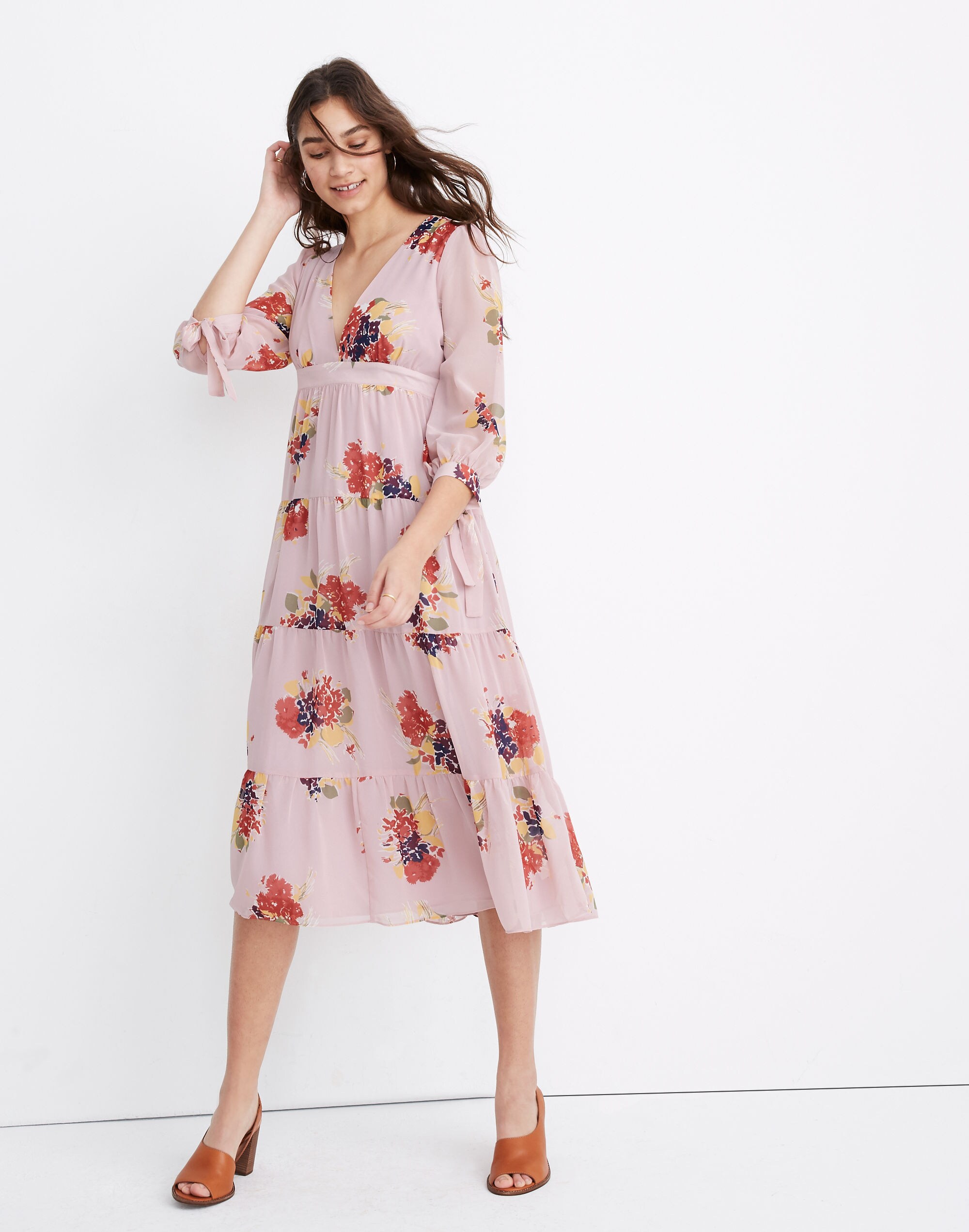 Tie-Sleeve Tiered Midi Dress in Market Bouquet