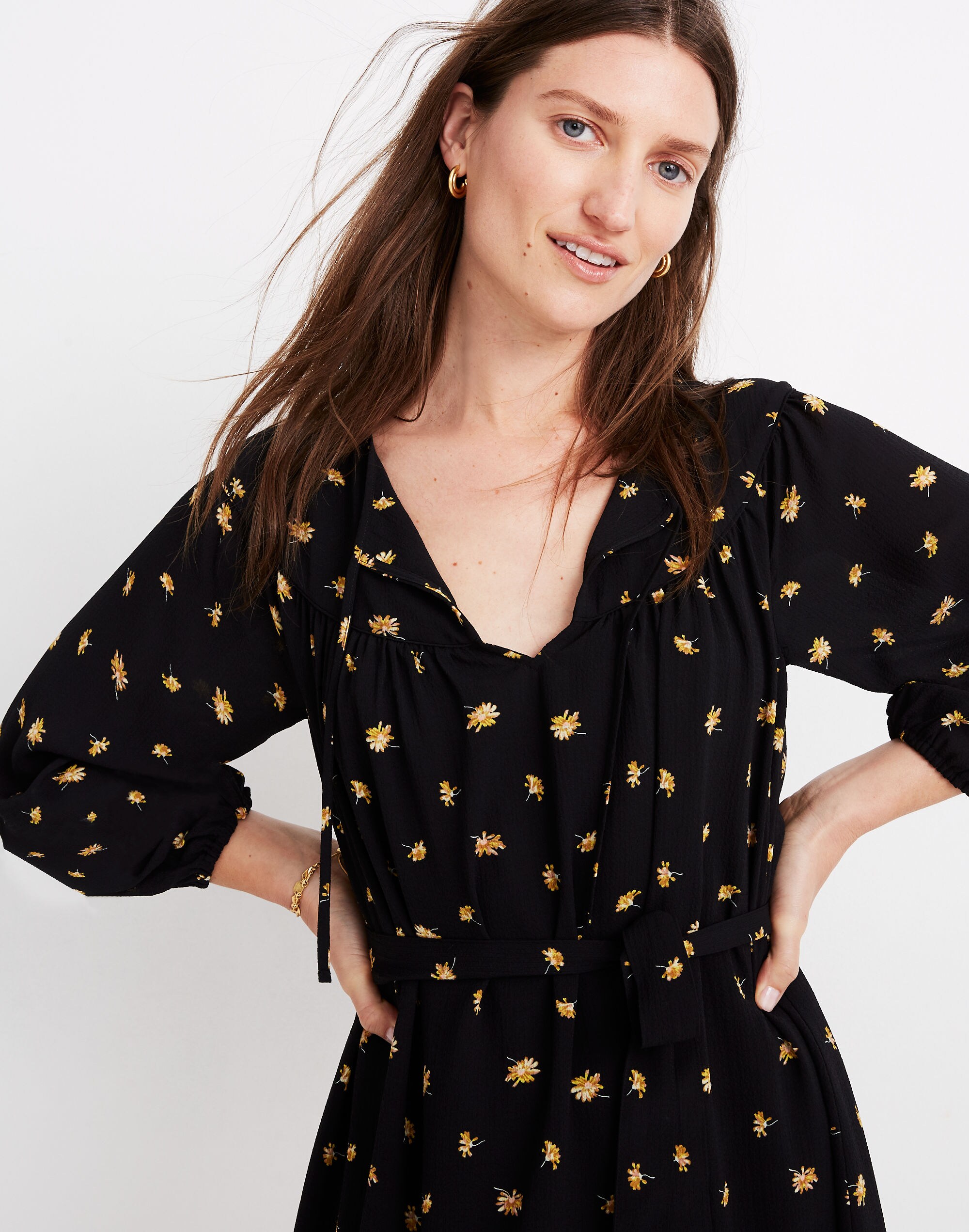 Tie-Waist Mini Dress in French Daisies