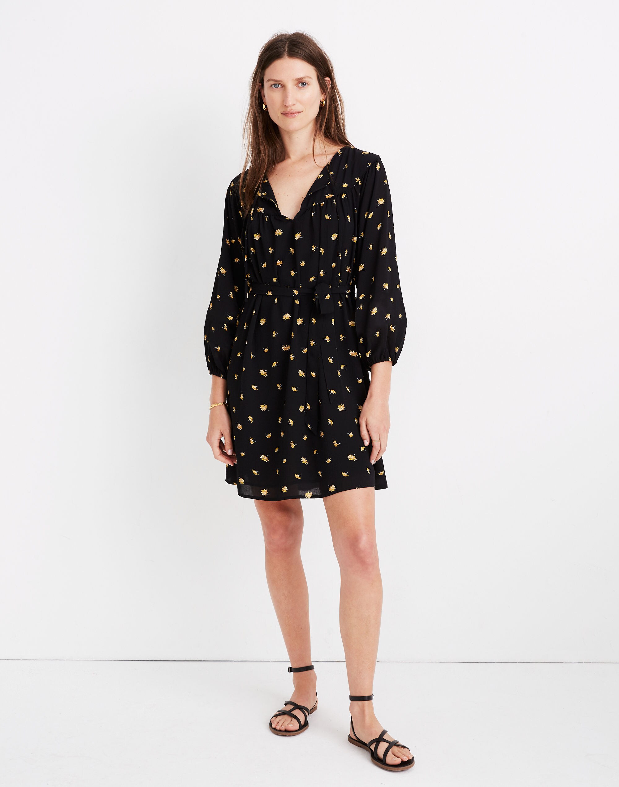 Tie-Waist Mini Dress in French Daisies