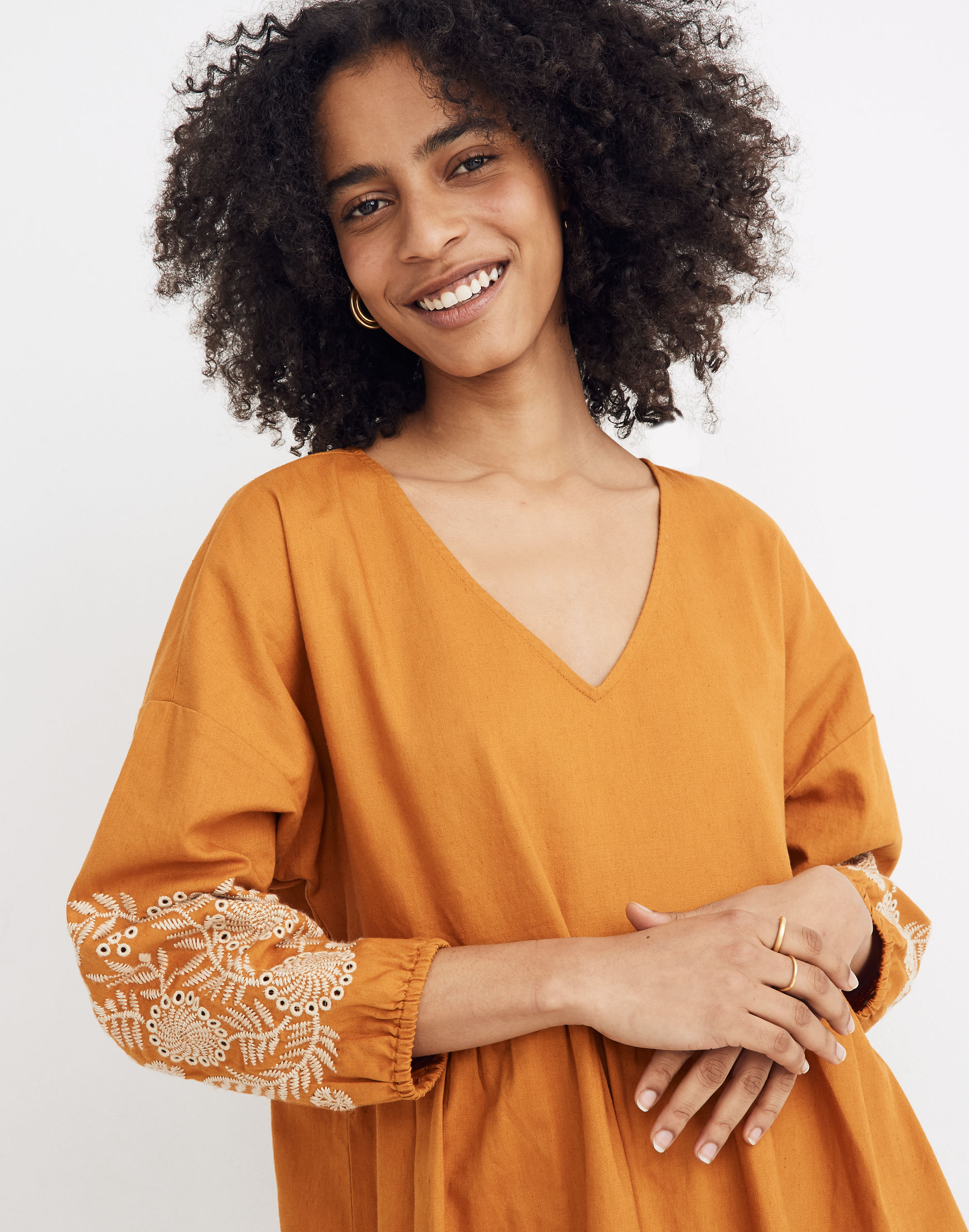 Embroidered-Sleeve Popover Dress