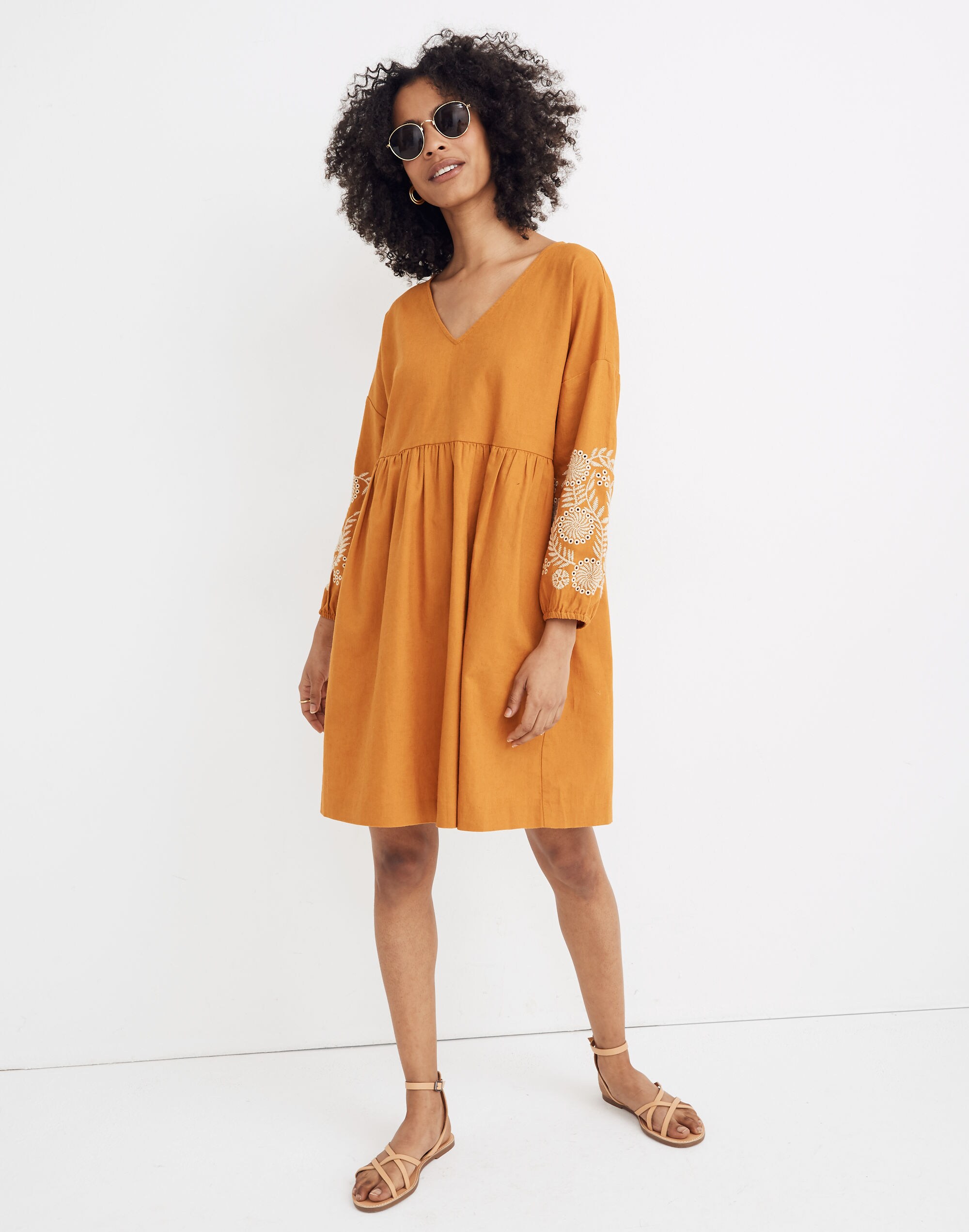 Embroidered-Sleeve Popover Dress