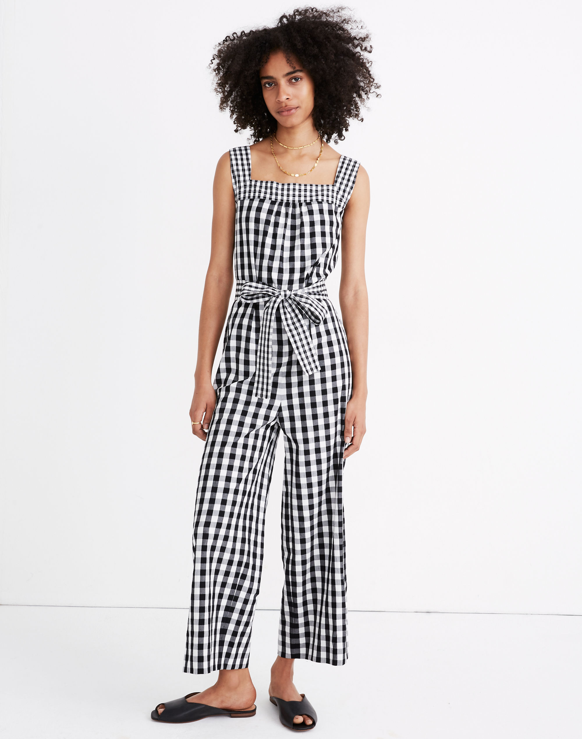 Tie-Waist Wide-Leg Jumpsuit in Gingham Mix