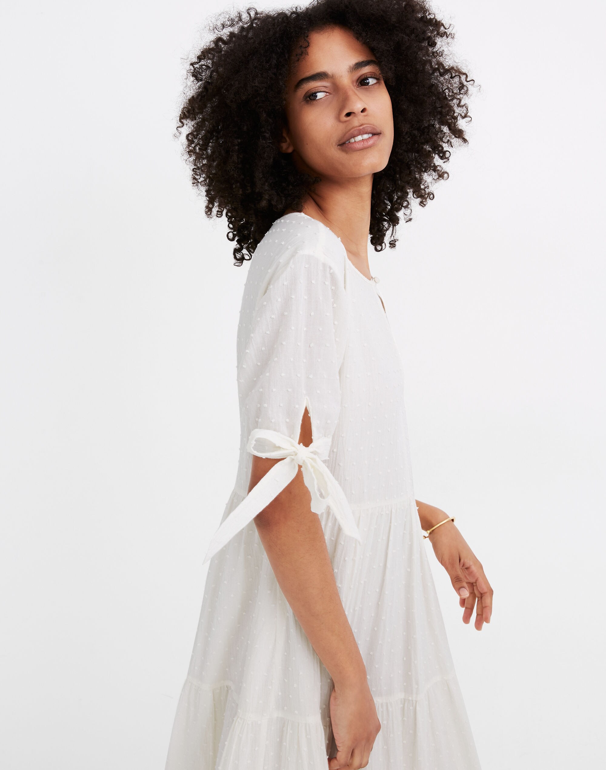 Tie-Sleeve Tiered Midi Dress in Swiss Dot