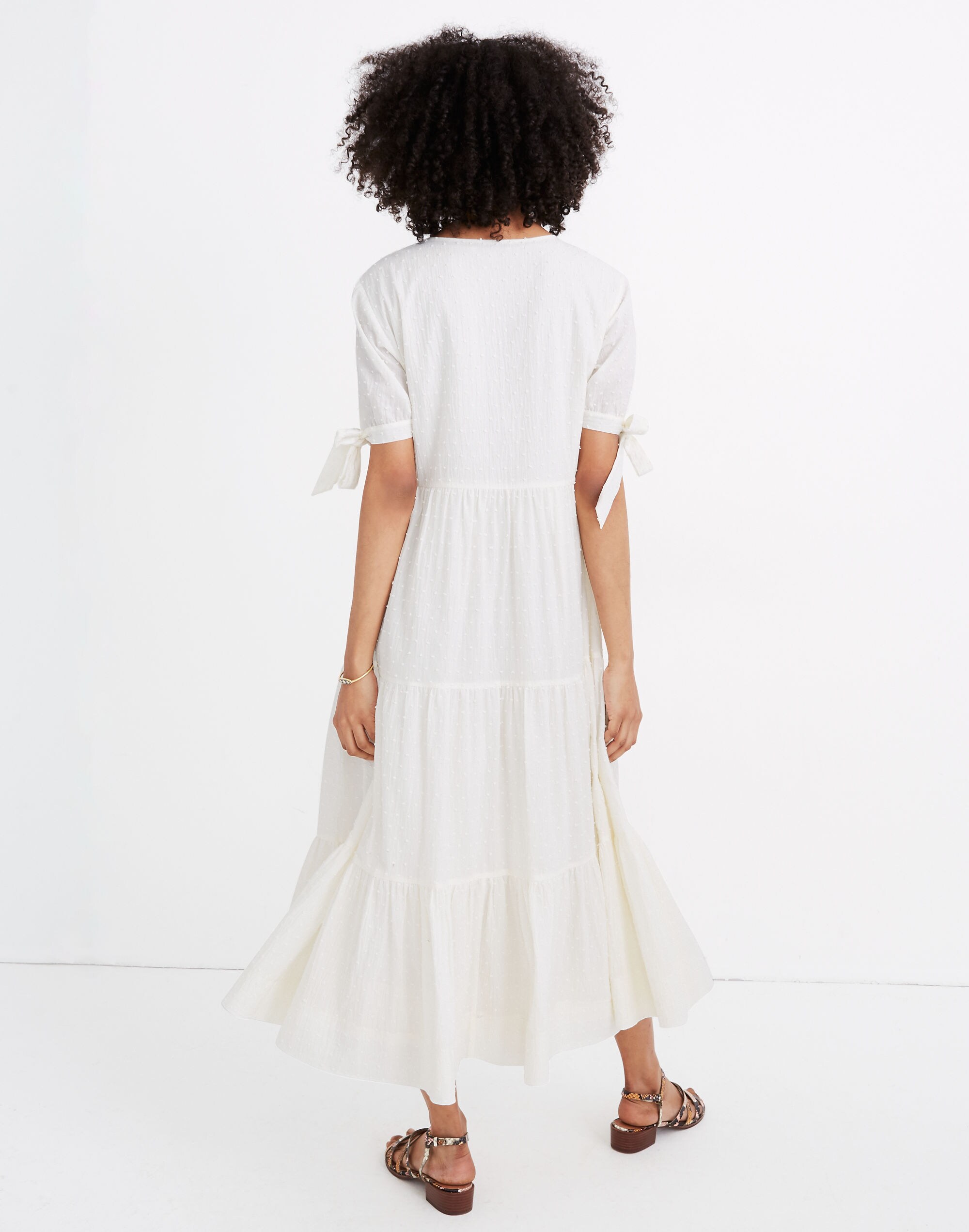Tie-Sleeve Tiered Midi Dress in Swiss Dot