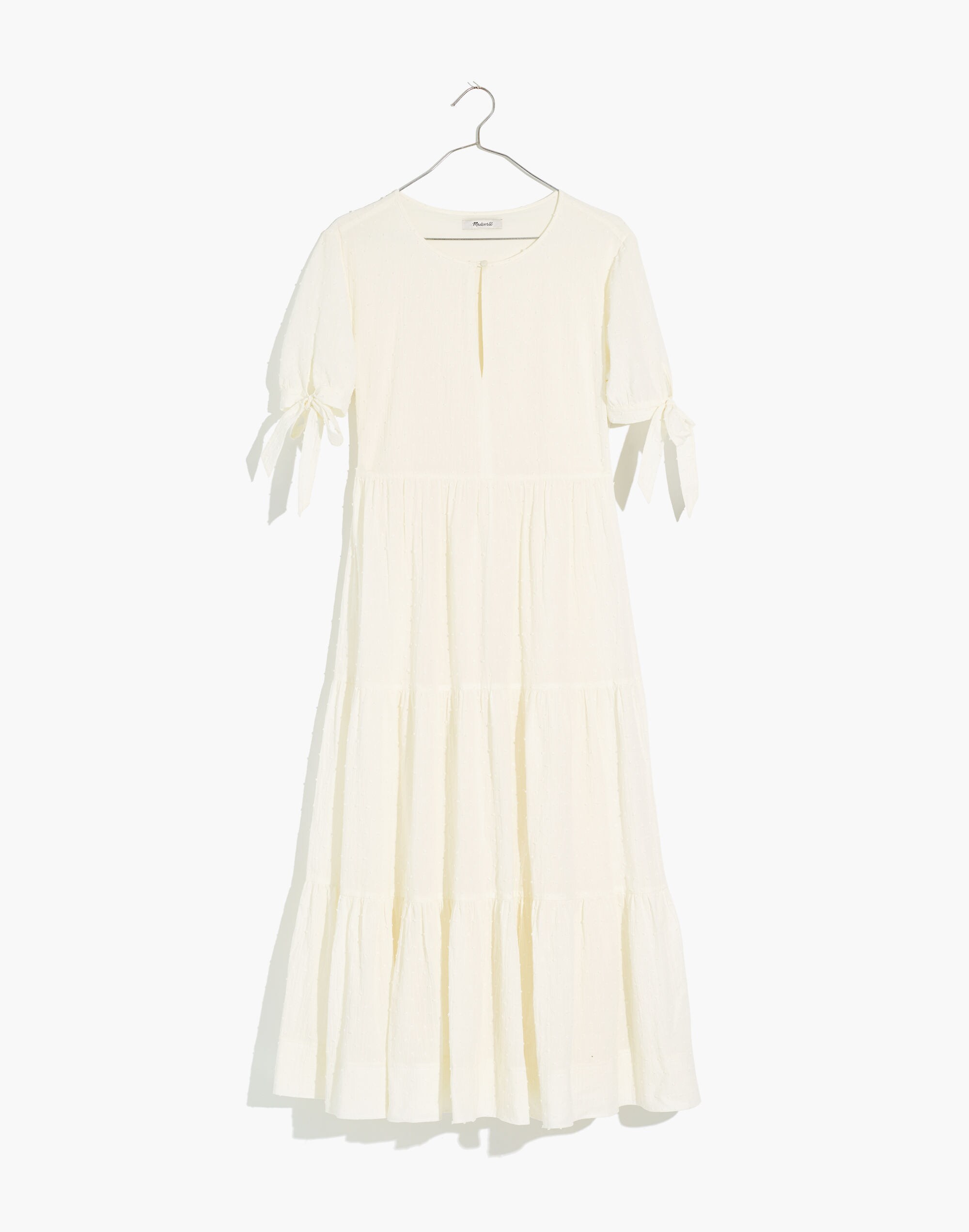 Tie-Sleeve Tiered Midi Dress in Swiss Dot