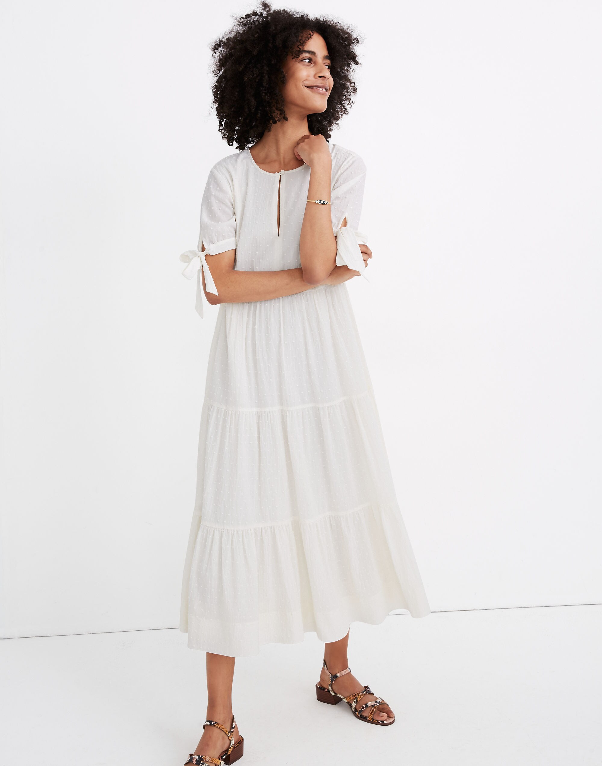 Tie-Sleeve Tiered Midi Dress in Swiss Dot