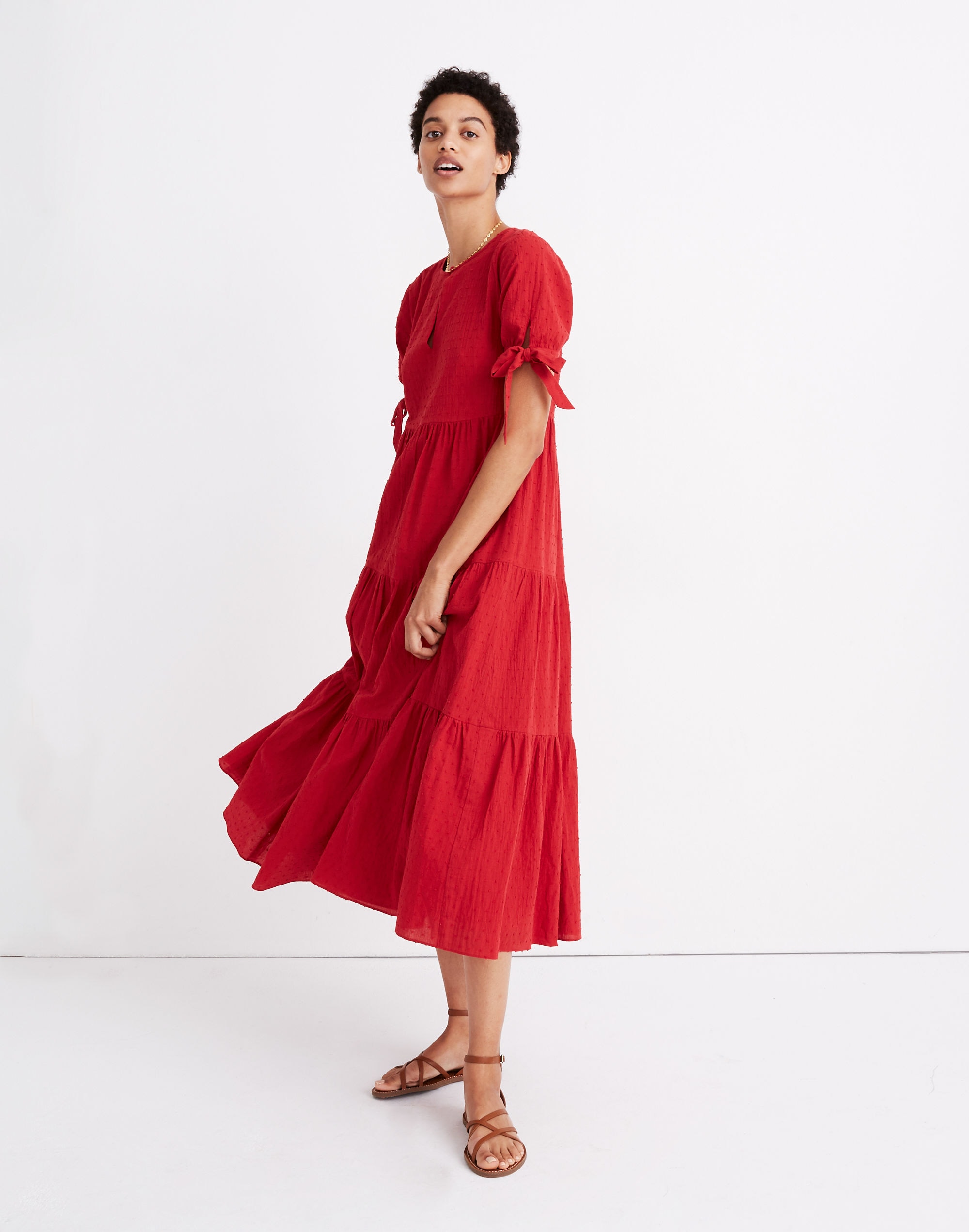 Tie-Sleeve Tiered Midi Dress in Swiss Dot