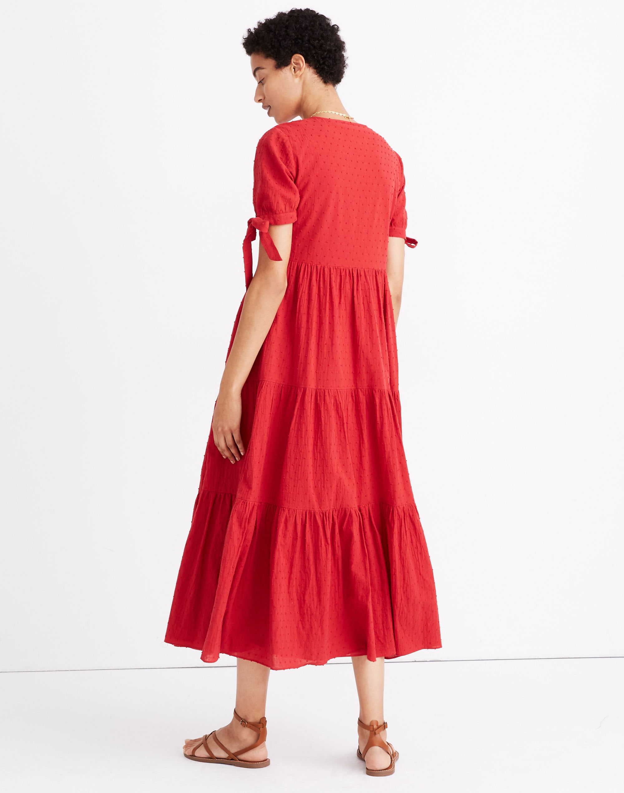 Tie-Sleeve Tiered Midi Dress in Swiss Dot