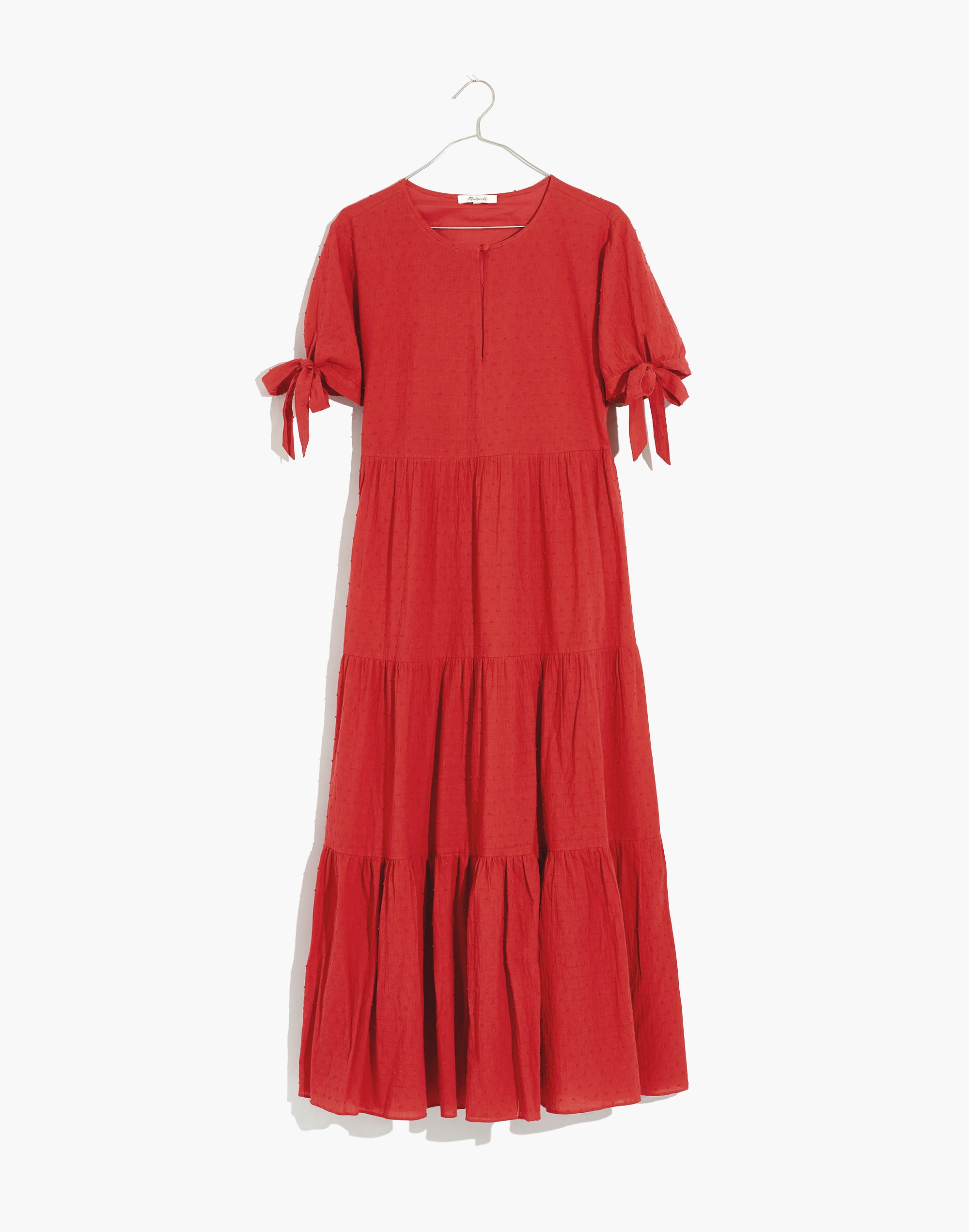 Tie-Sleeve Tiered Midi Dress in Swiss Dot