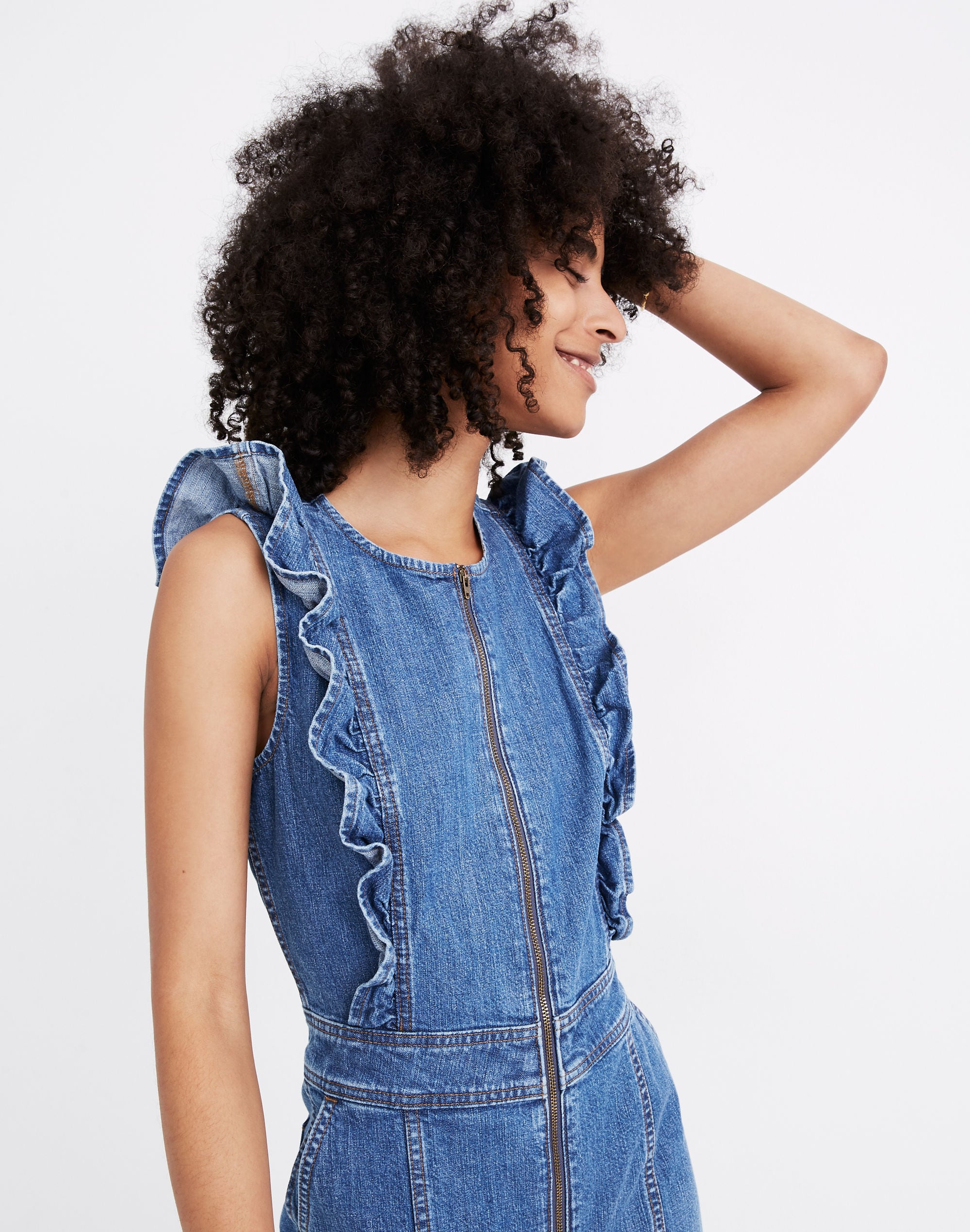 Denim Ruffle-Sleeve Zip-Front Jumpsuit
