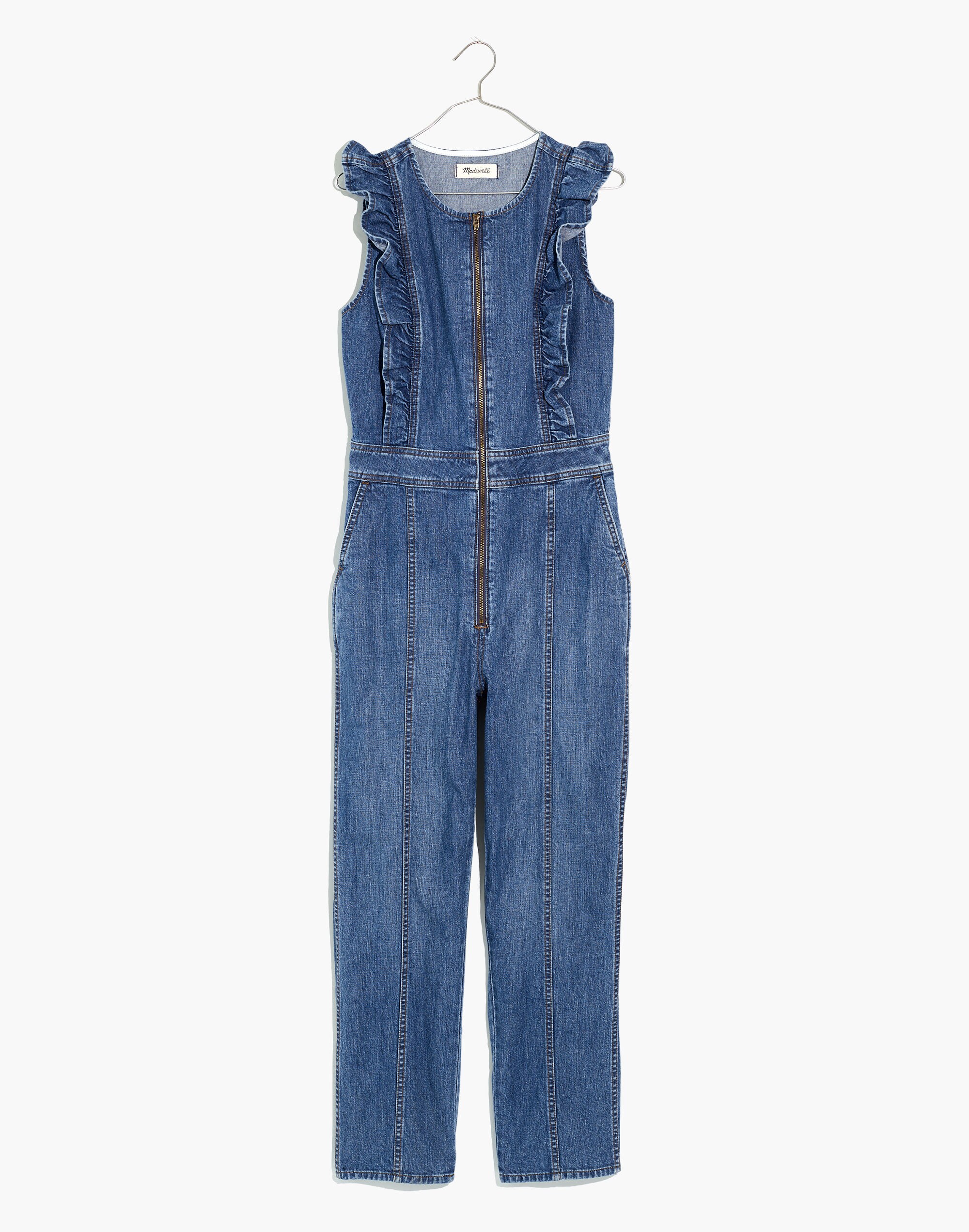 Petite Denim Ruffle-Sleeve Zip-Front Jumpsuit