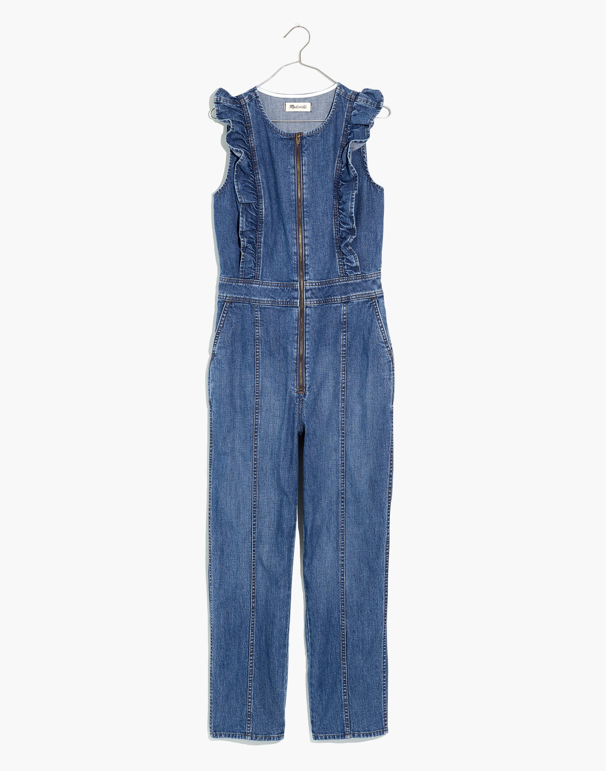 Denim Ruffle-Sleeve Zip-Front Jumpsuit