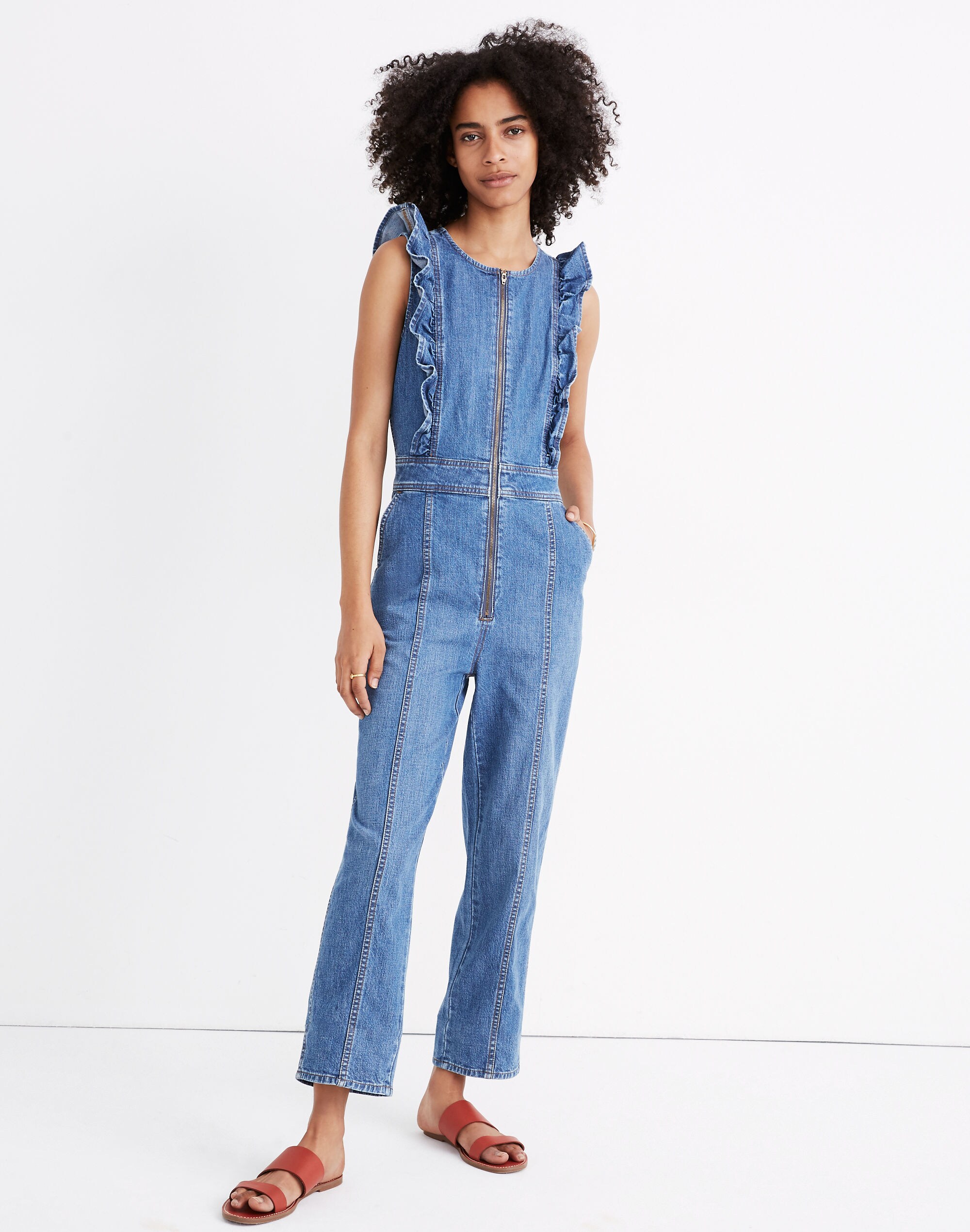 Denim Ruffle-Sleeve Zip-Front Jumpsuit