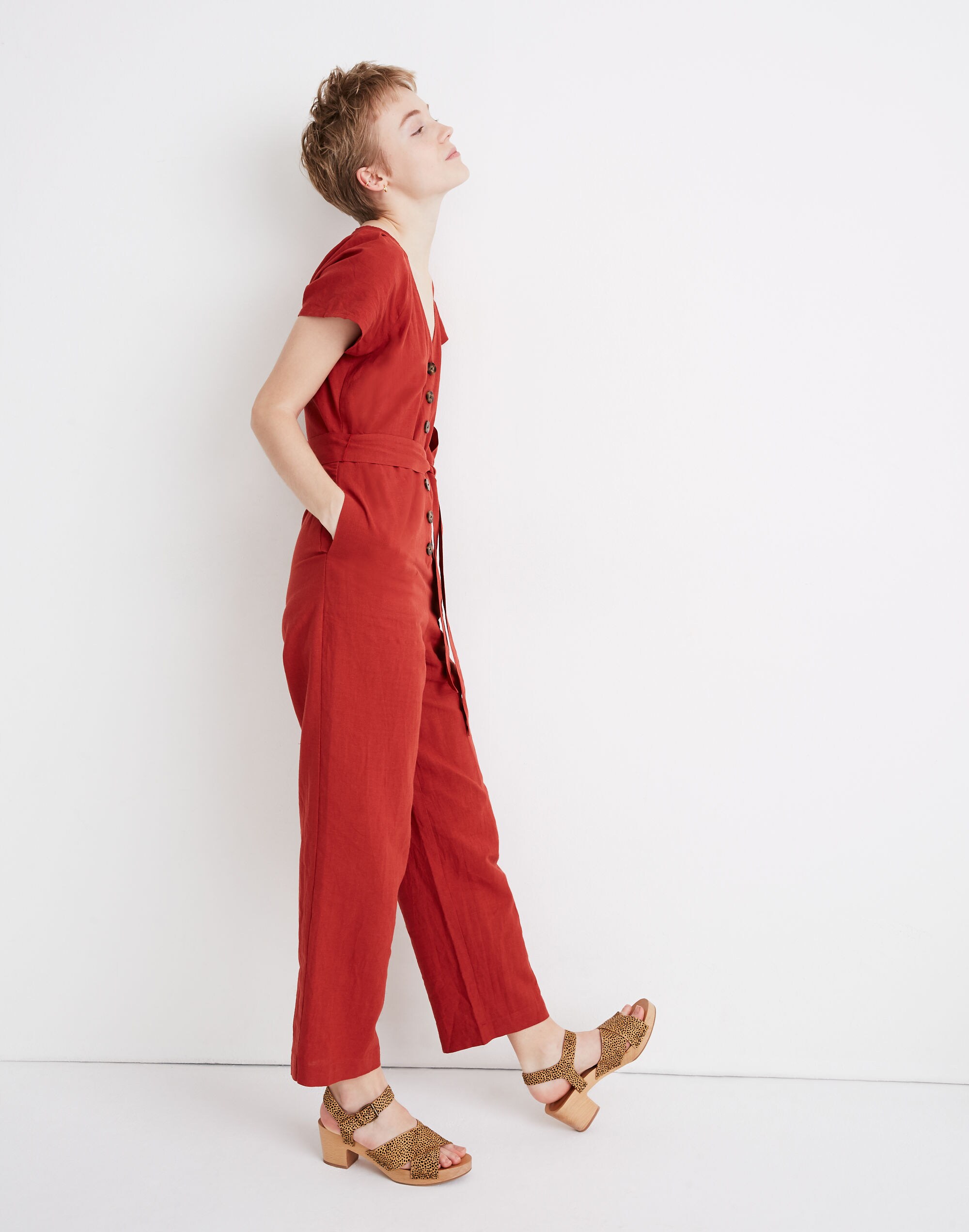 Linen-Cotton Pleat-Sleeve Jumpsuit