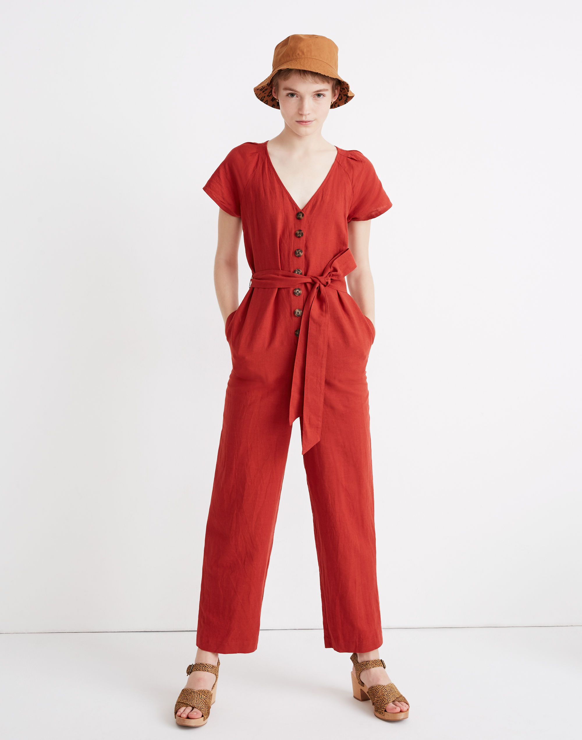 Linen-Cotton Pleat-Sleeve Jumpsuit