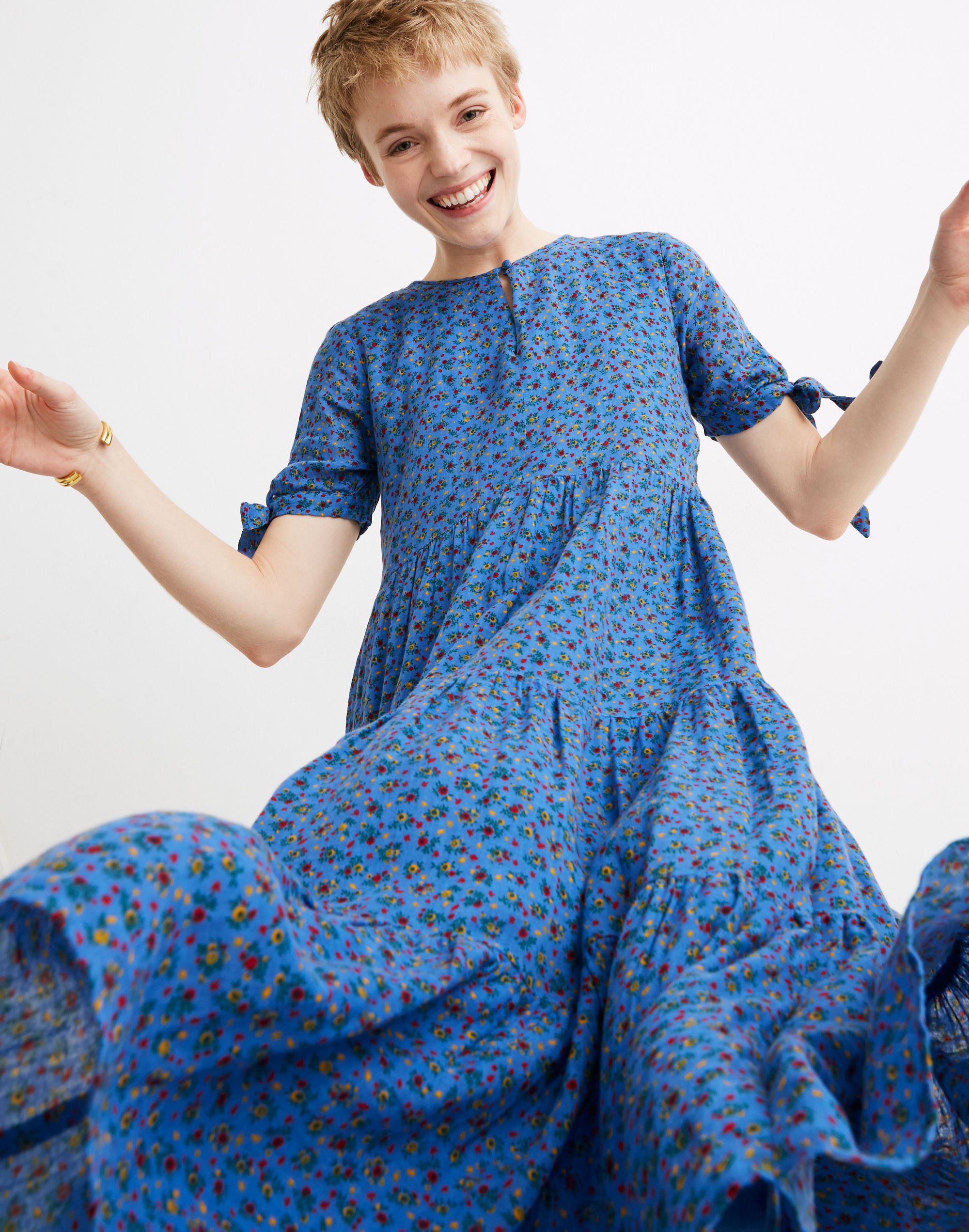 Tie-Sleeve Tiered Midi Dress in Calico Floral