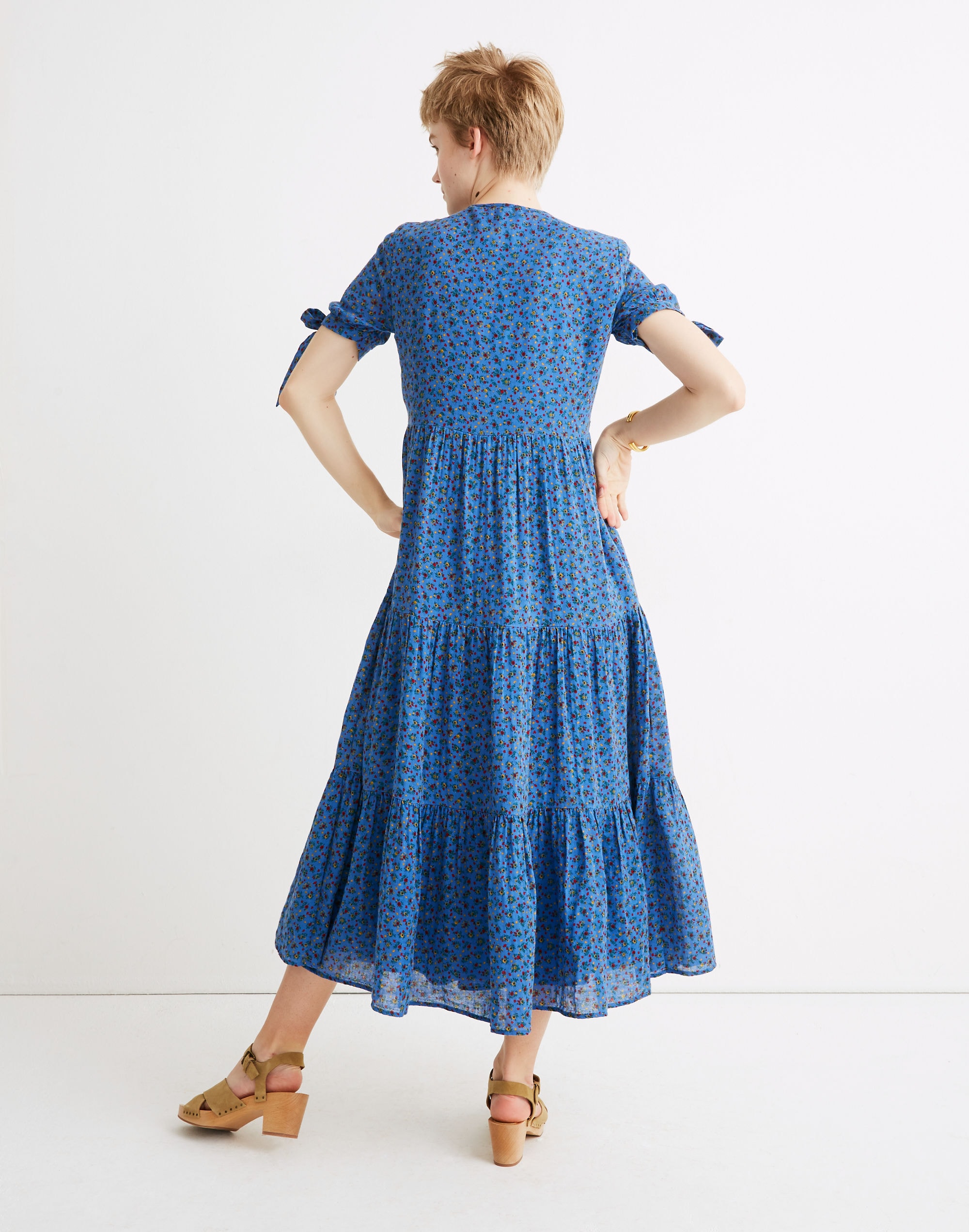 Tie-Sleeve Tiered Midi Dress in Calico Floral