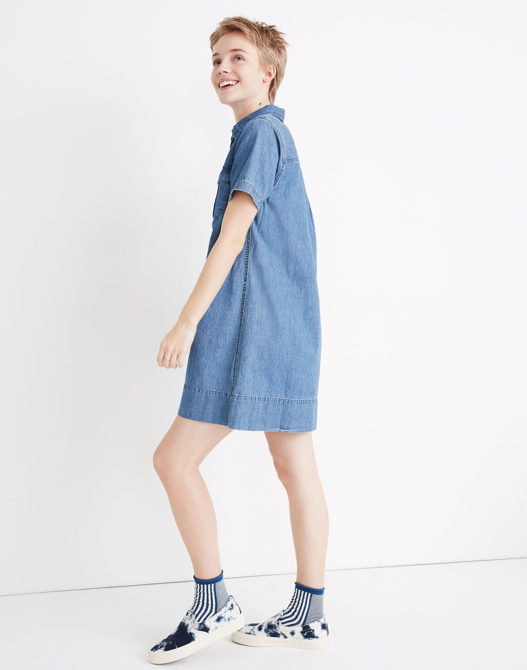 Denim Short-Sleeve Popover Shirtdress in Peachtree Wash