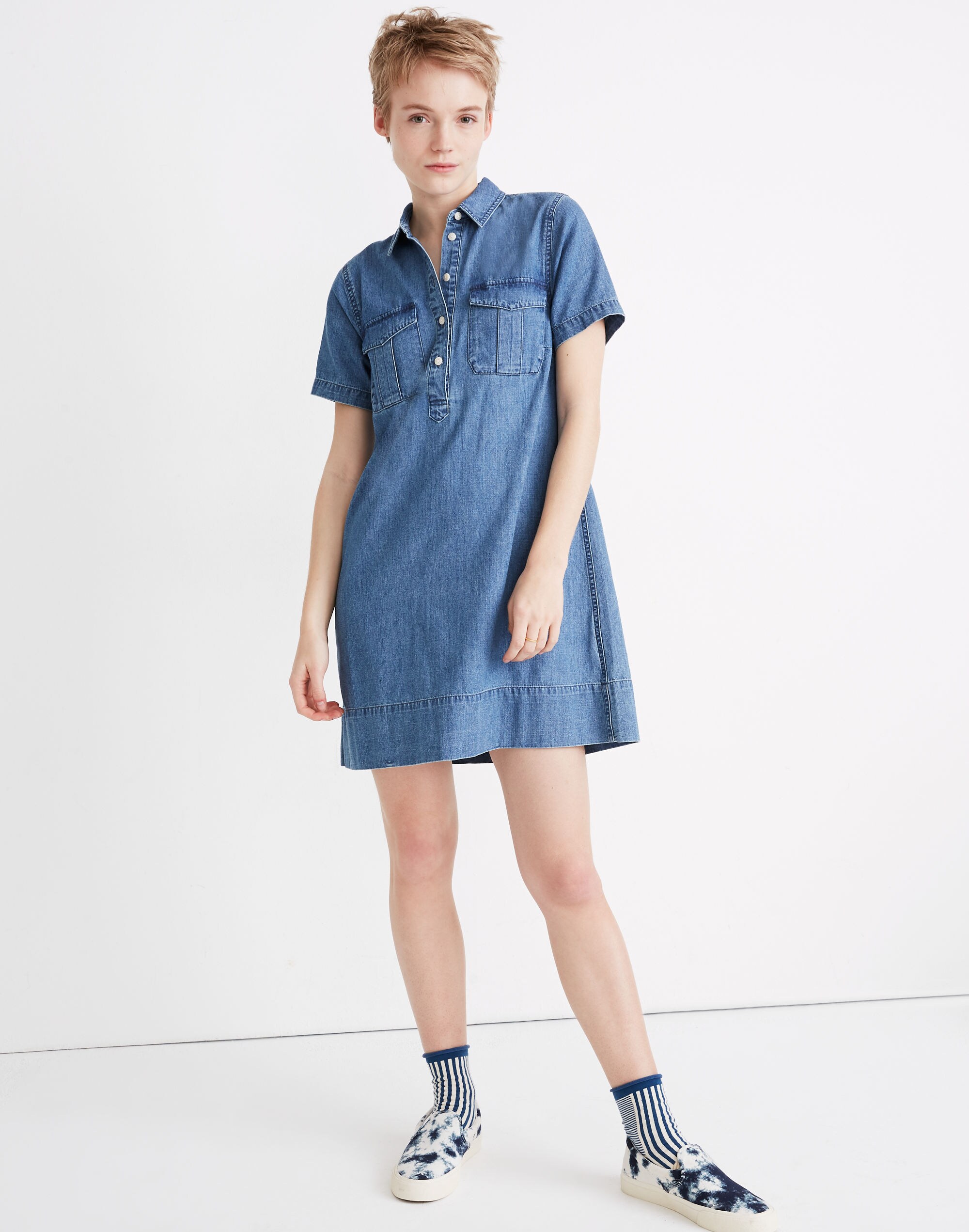 Denim Short-Sleeve Popover Shirtdress in Peachtree Wash