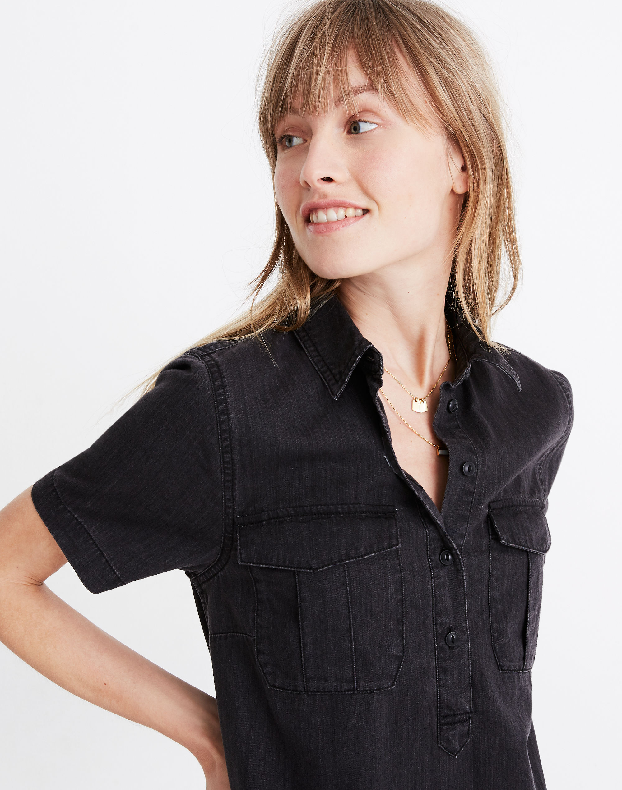 Denim Short-Sleeve Popover Shirtdress in Lunar Wash