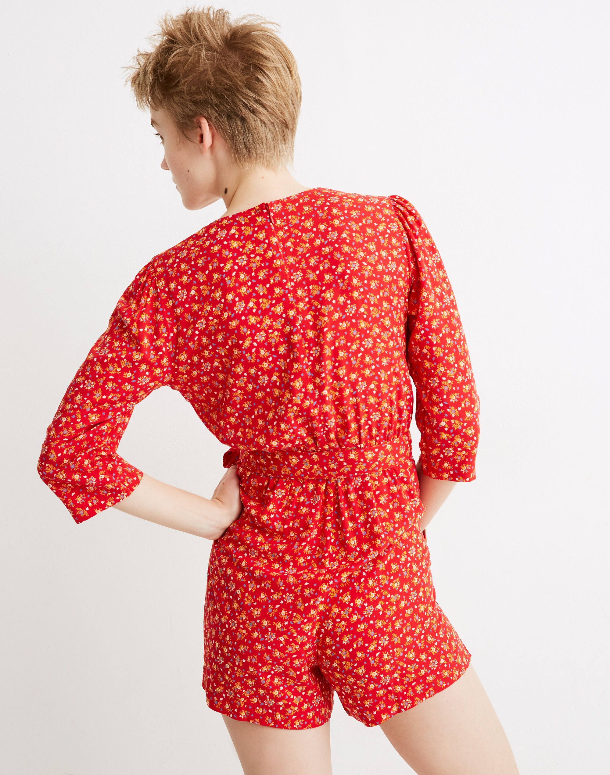 Three-Quarter-Sleeve Wrap-Front Romper