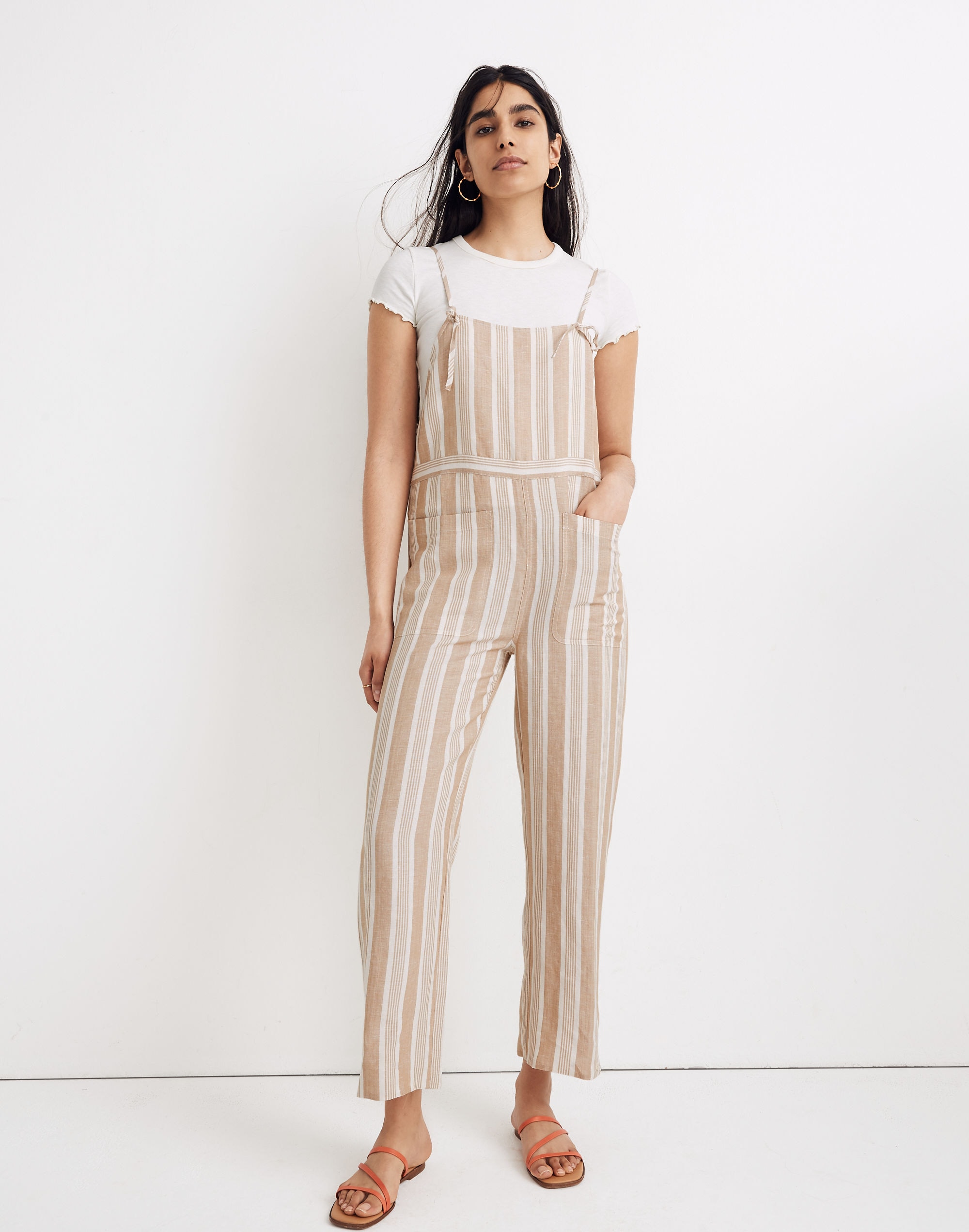 striped tie-strap wide-leg overalls