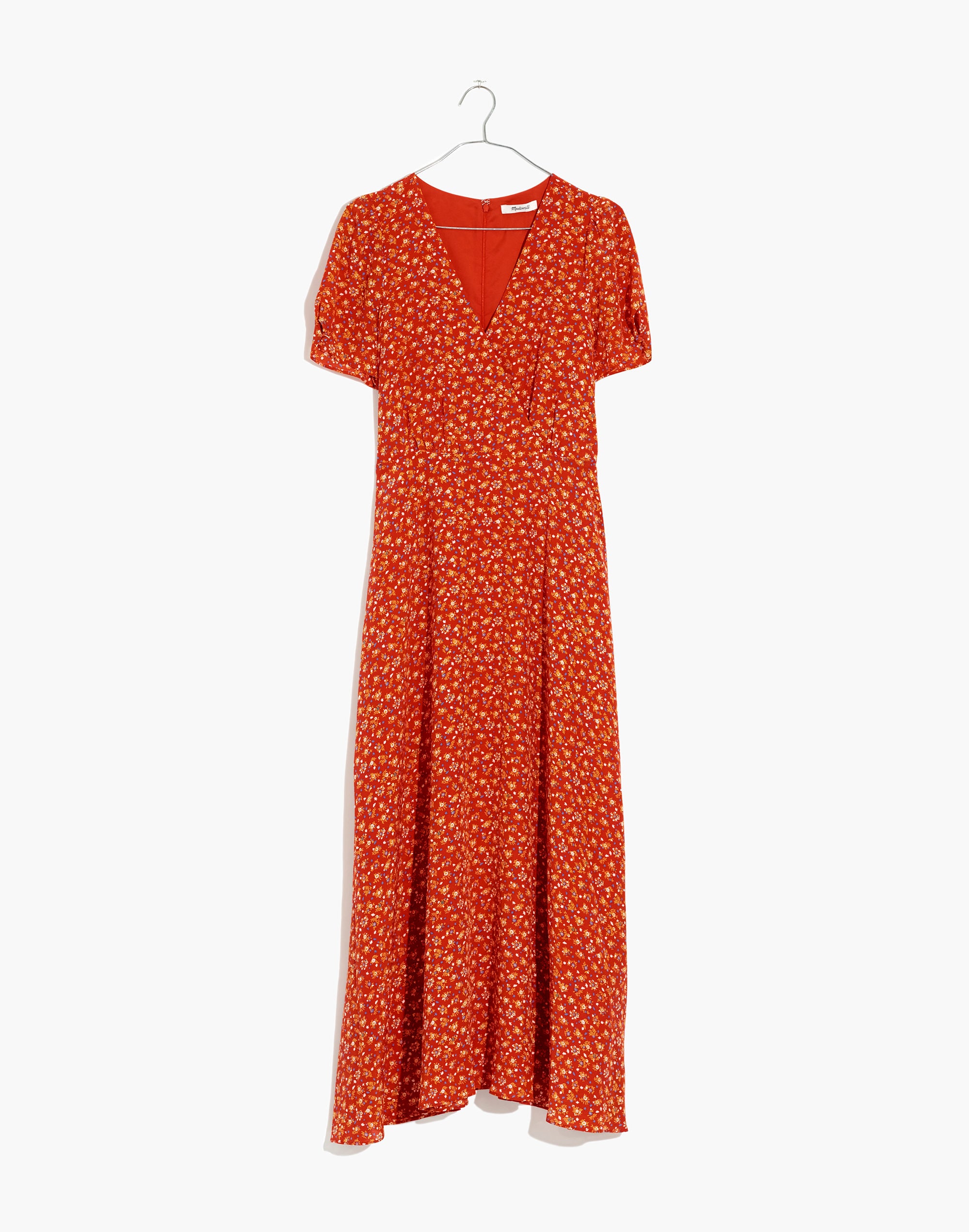 Silk Puff-Sleeve Wrap-Front Midi Dress in Calico Floral