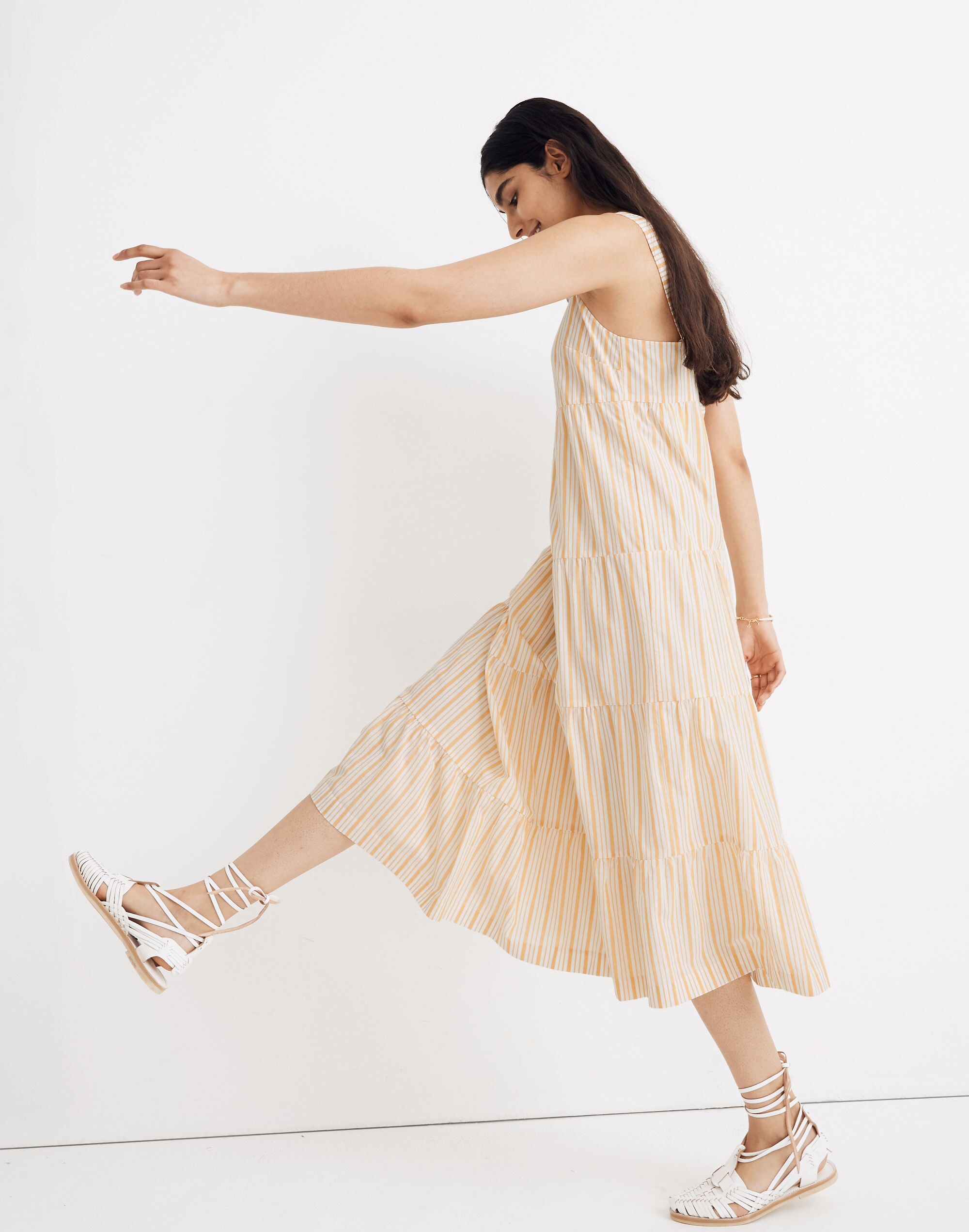 Striped Button-Back Tiered Midi Dress