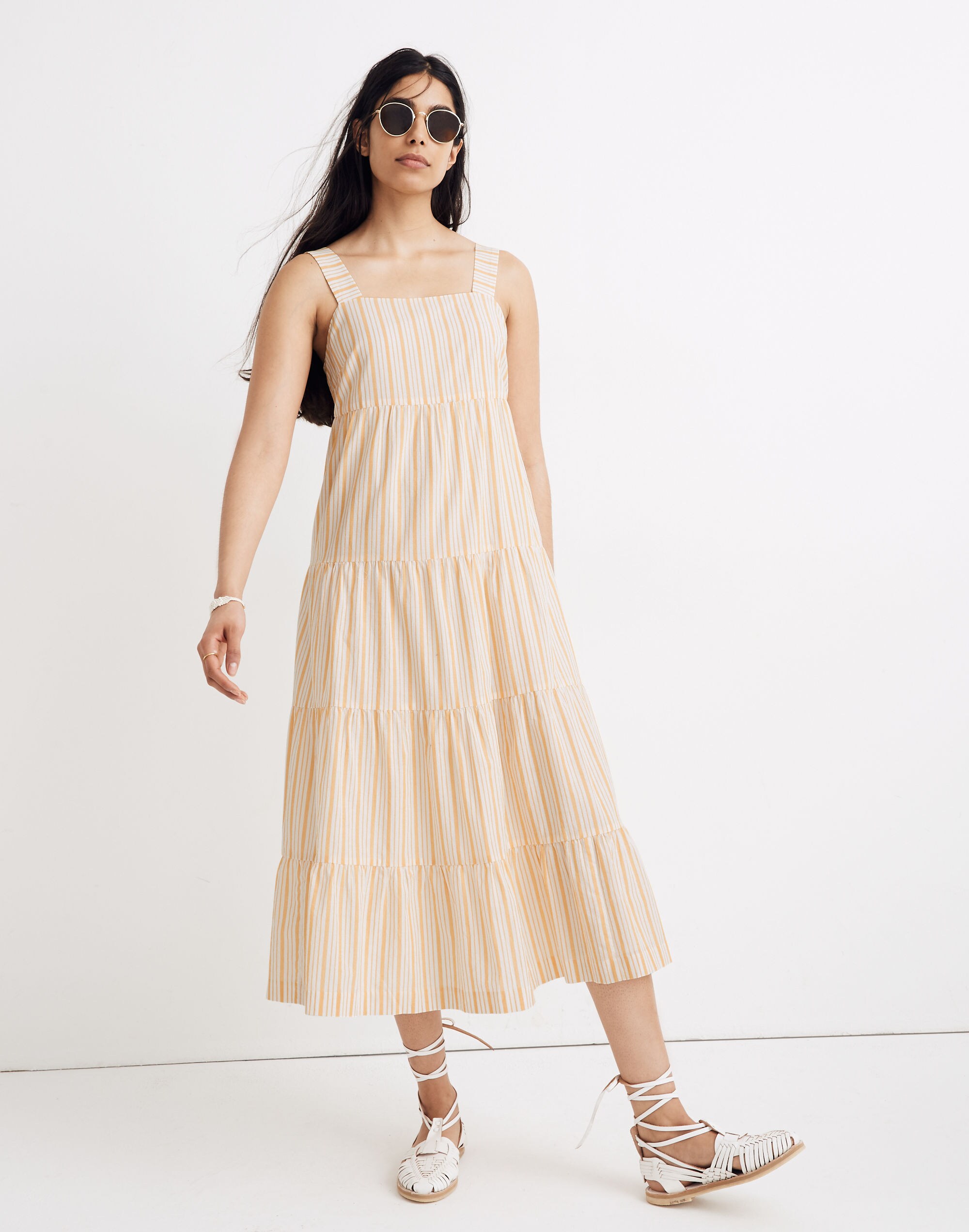 Striped Button-Back Tiered Midi Dress