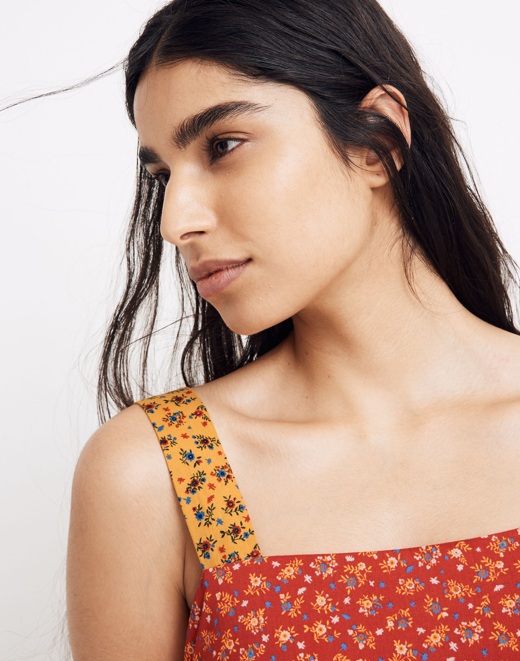 Button-Back Tiered Midi Dress in Colorblock Calico