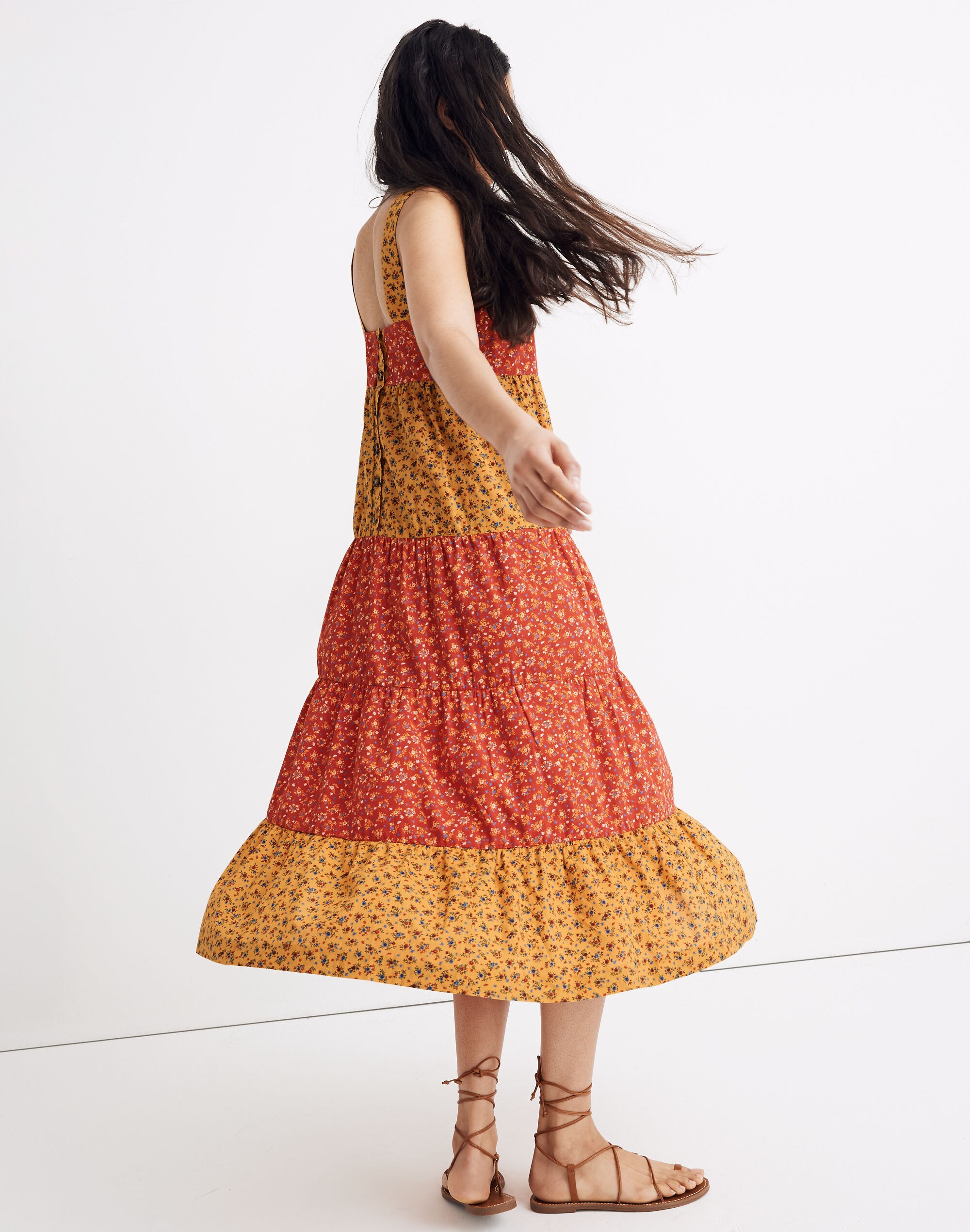 Button-Back Tiered Midi Dress in Colorblock Calico