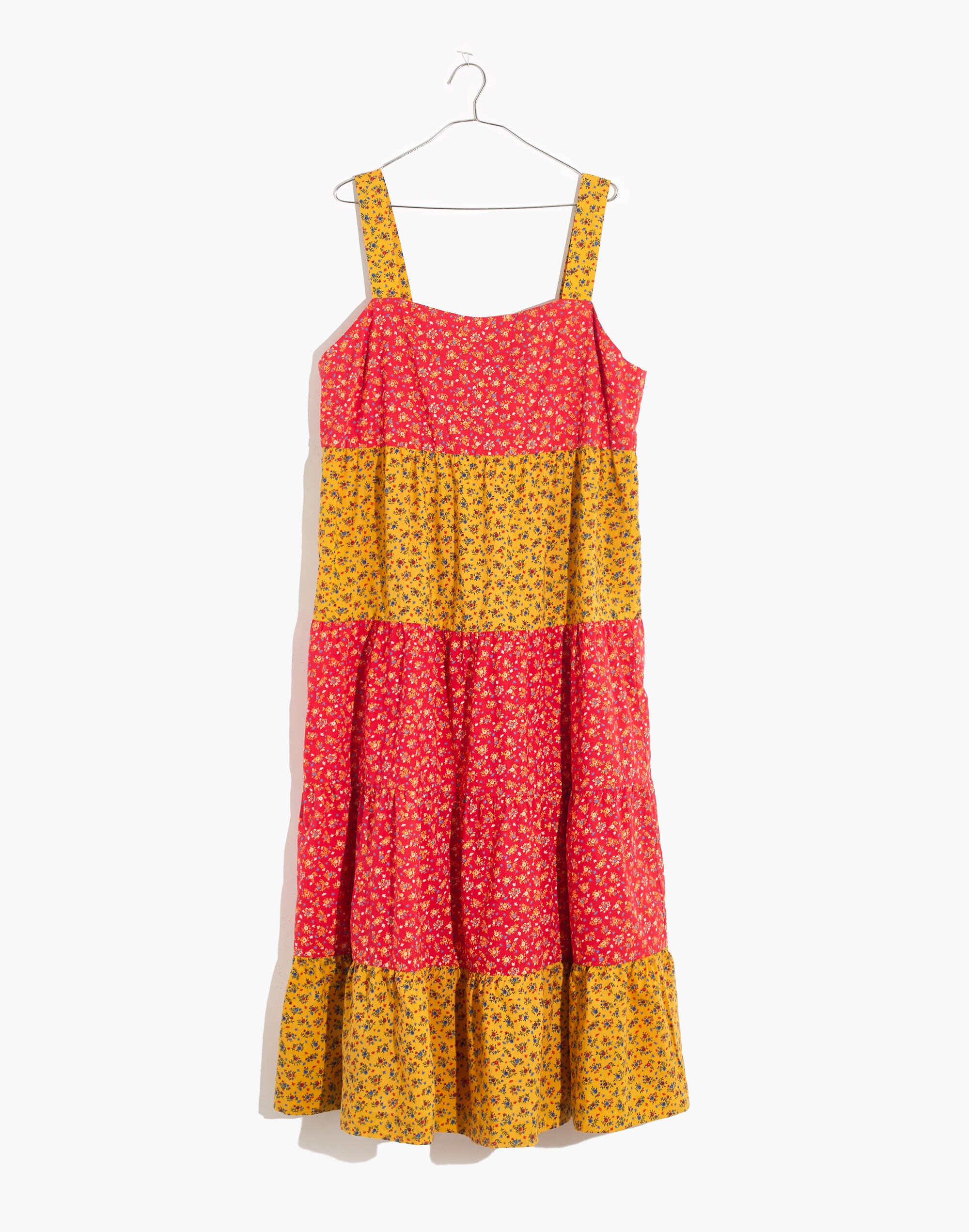 Button-Back Tiered Midi Dress in Colorblock Calico