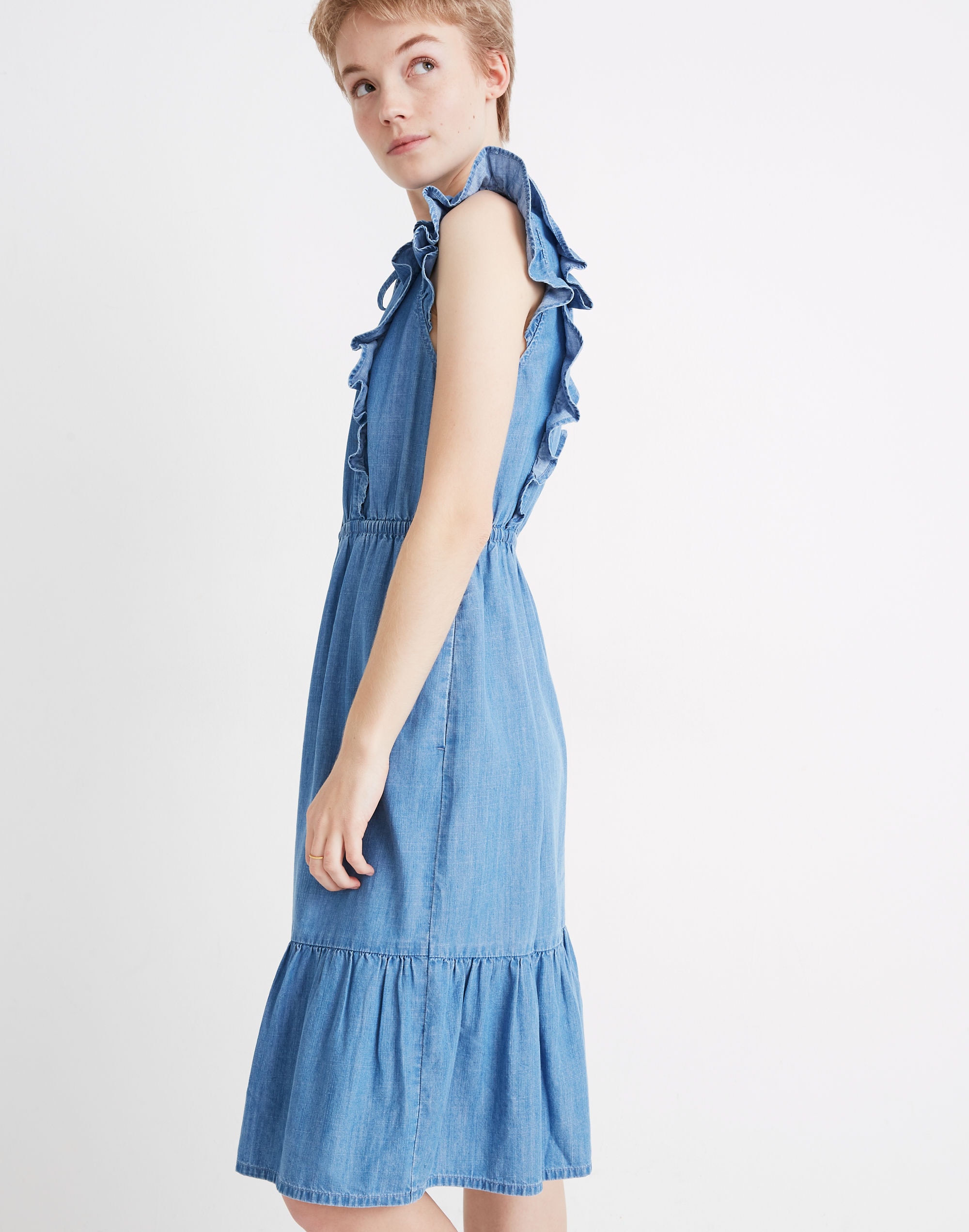 Denim Ruffle-Tiered Midi Dress