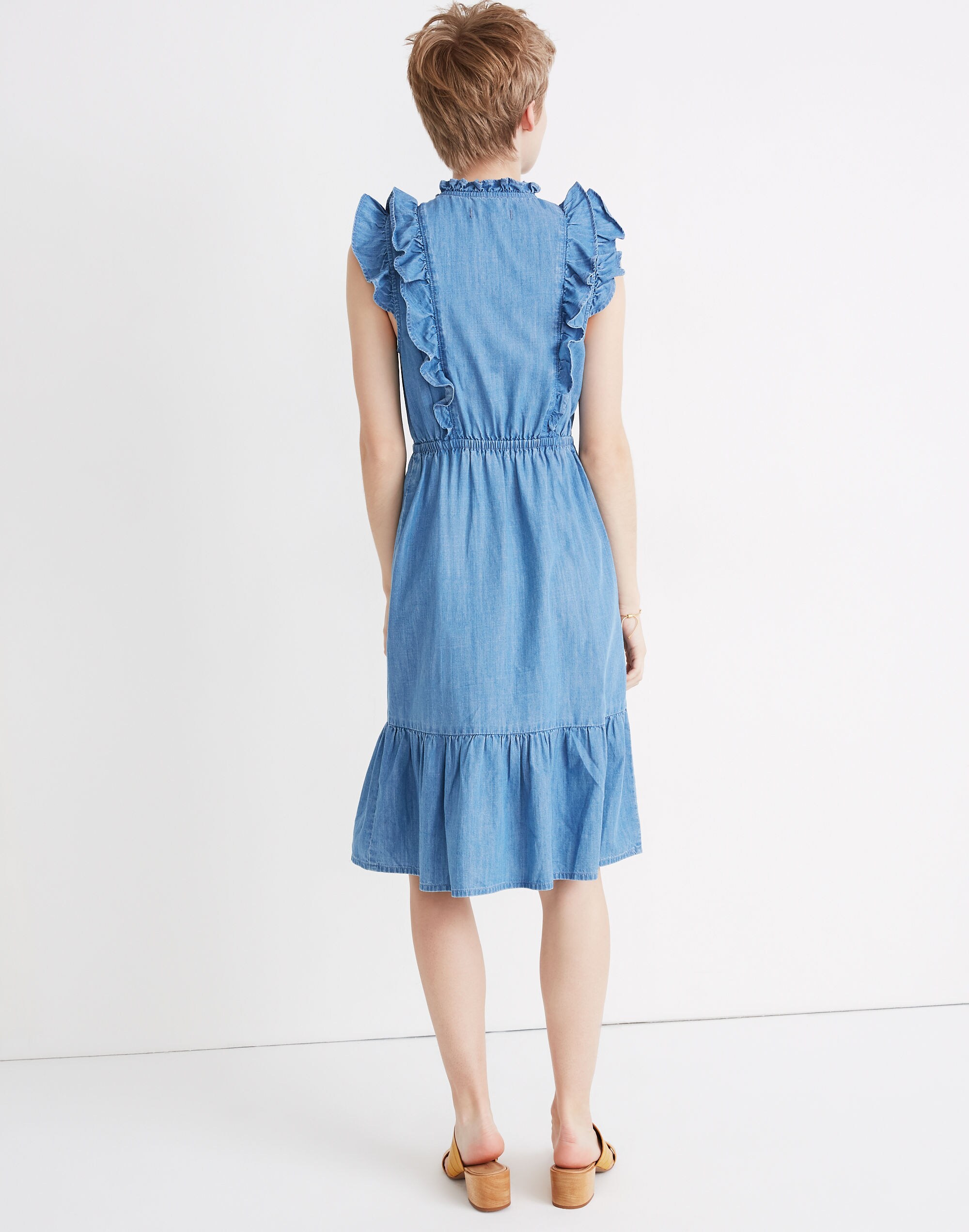 Denim Ruffle-Tiered Midi Dress