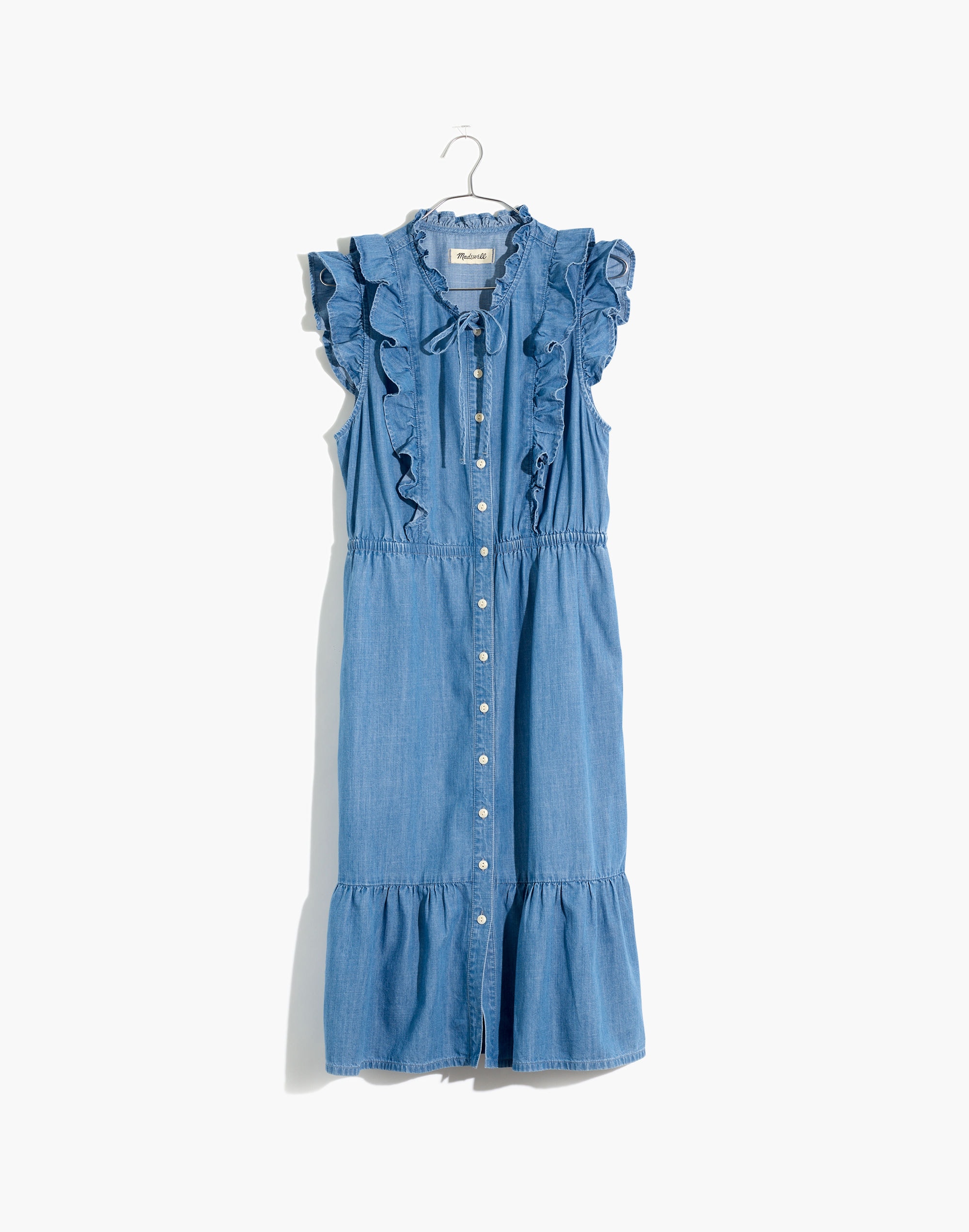 Denim Ruffle-Tiered Midi Dress