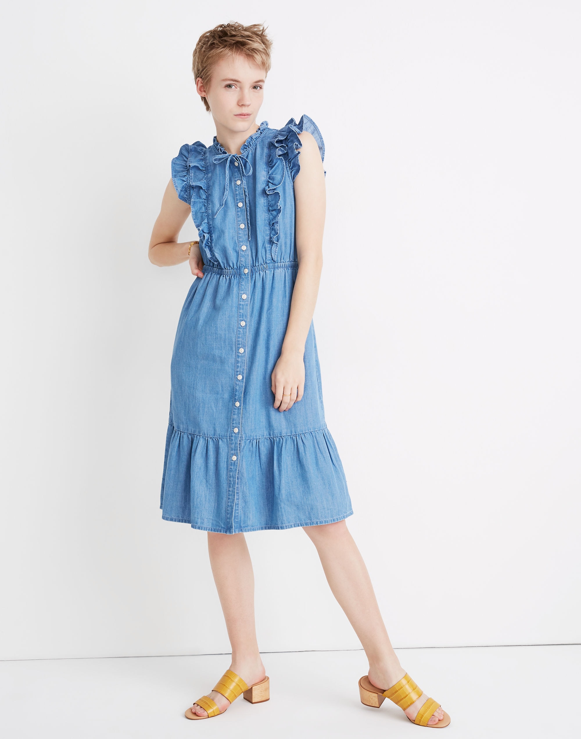 Denim Ruffle-Tiered Midi Dress