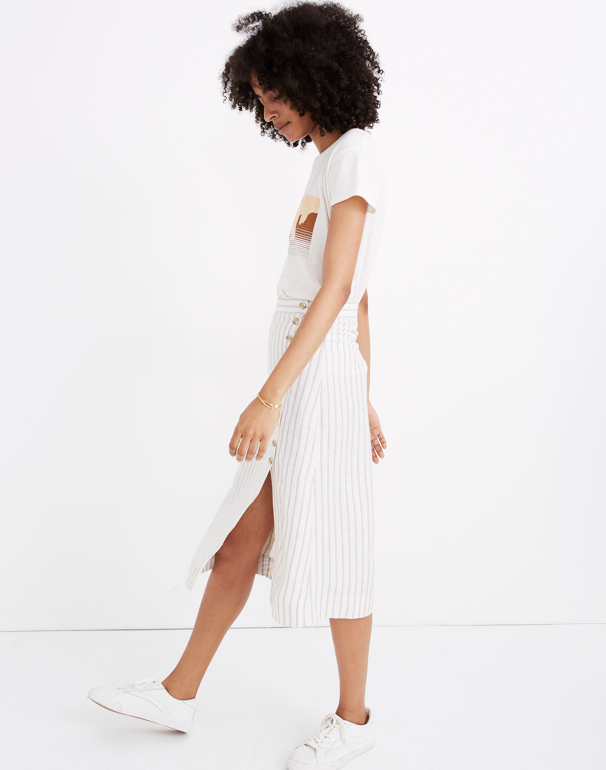 Side-Button Midi Skirt in Pinstripe