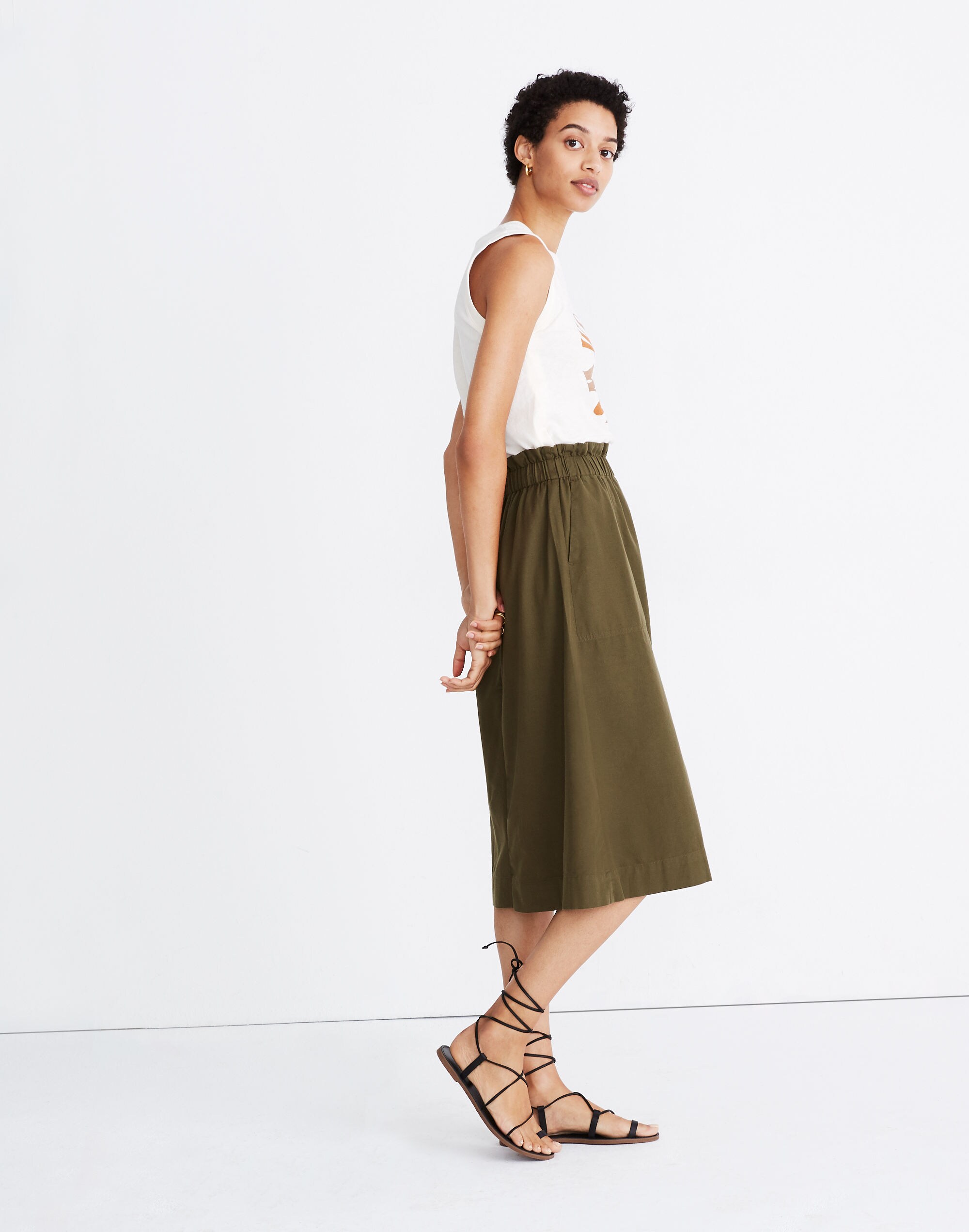 Paperbag Button-Front Midi Skirt