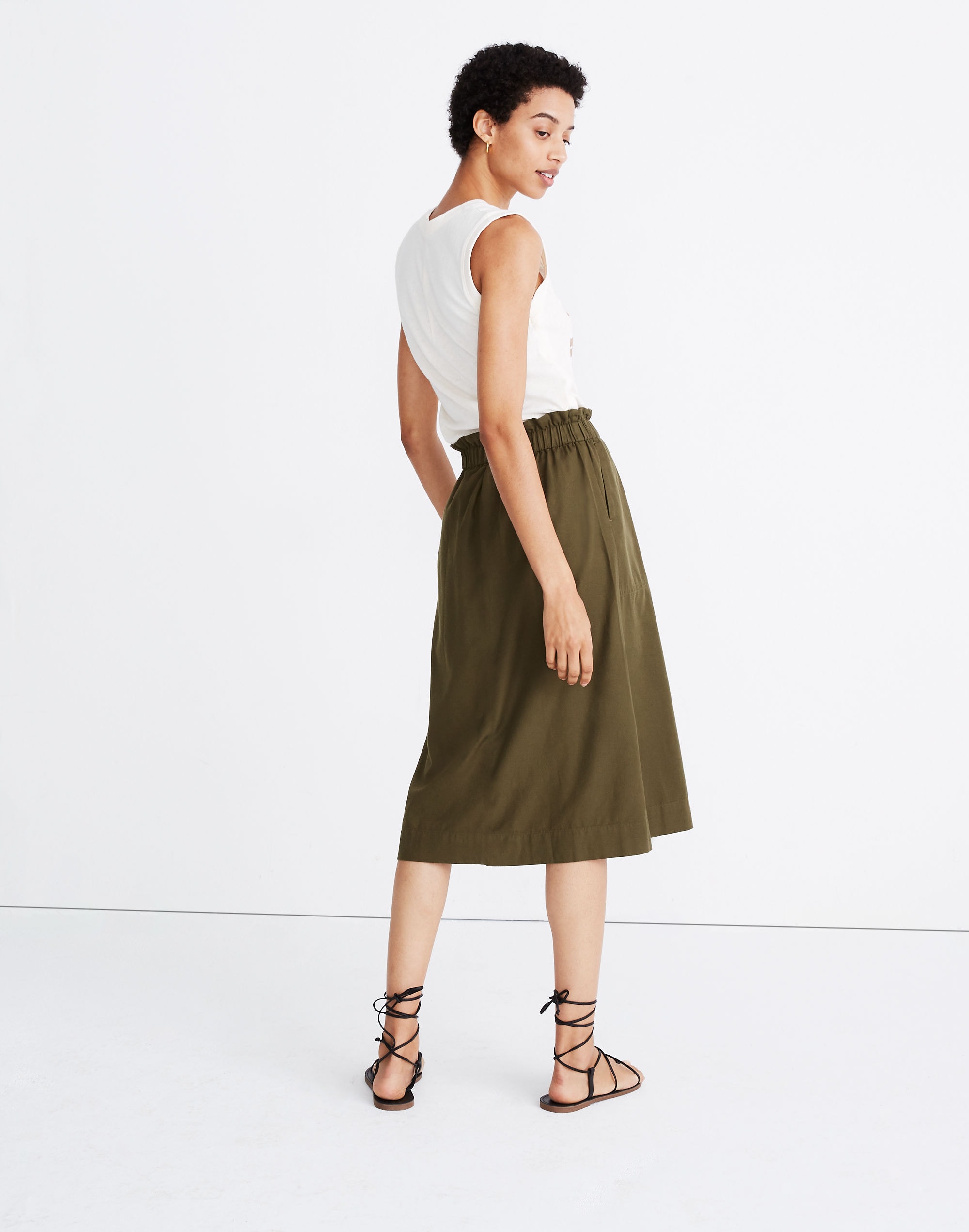 Paperbag Button-Front Midi Skirt
