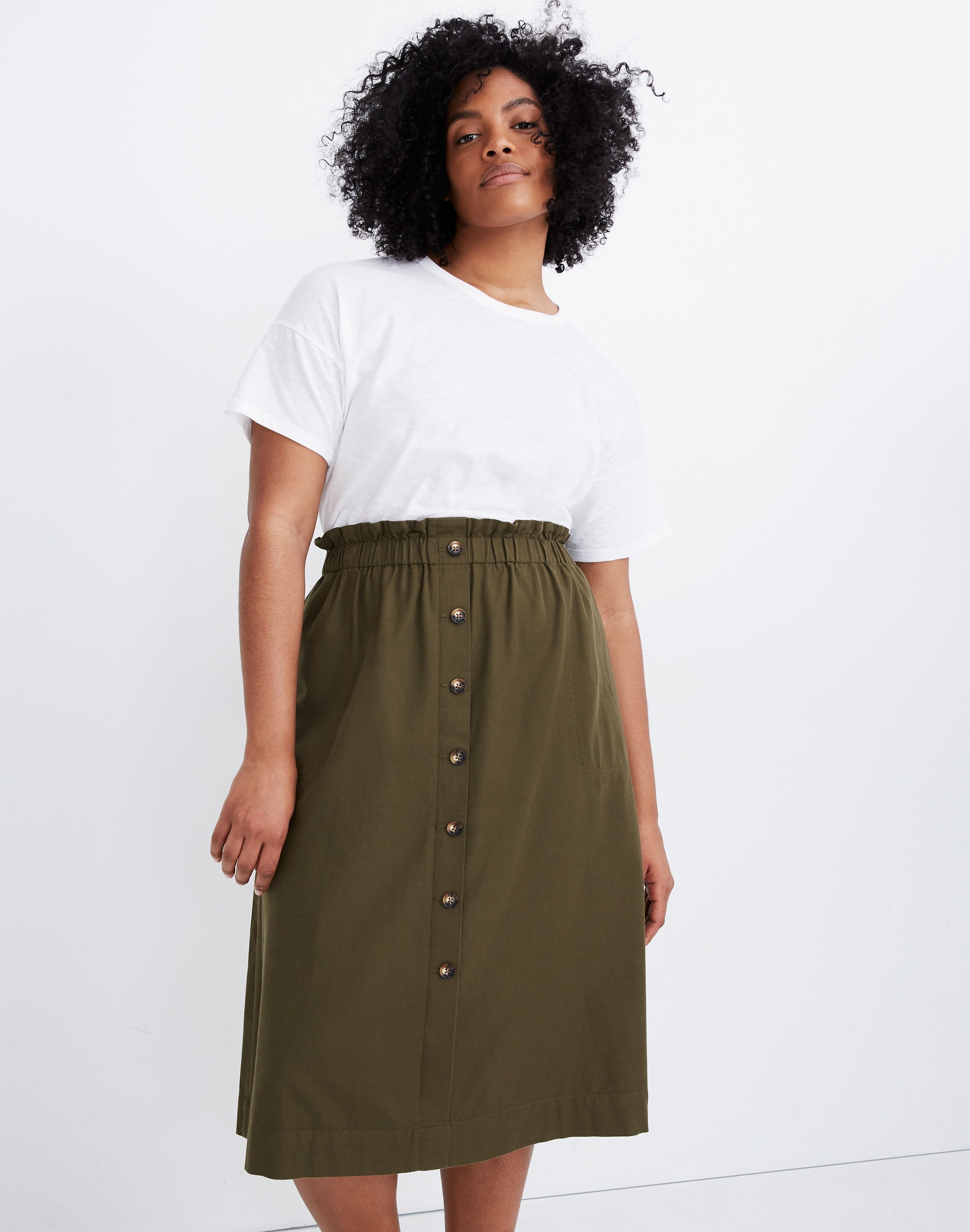 Paperbag Button-Front Midi Skirt