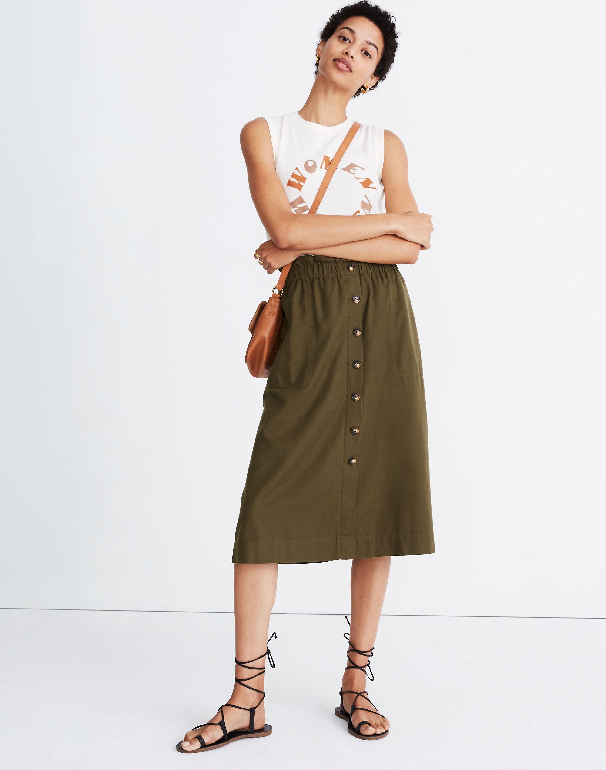 Paperbag Button-Front Midi Skirt