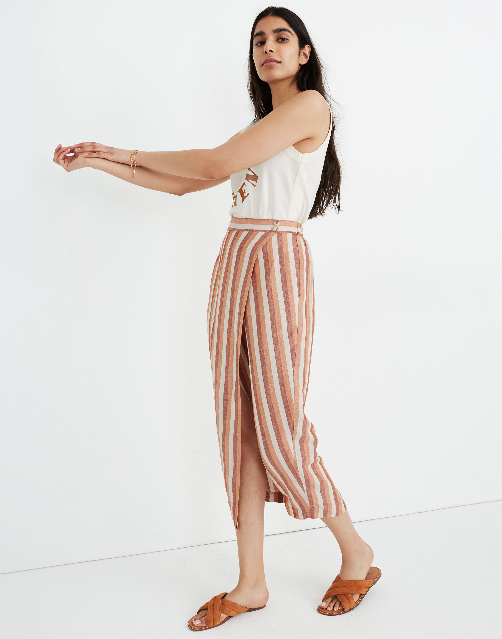 Pull-On Wrap Midi Skirt in Stripe