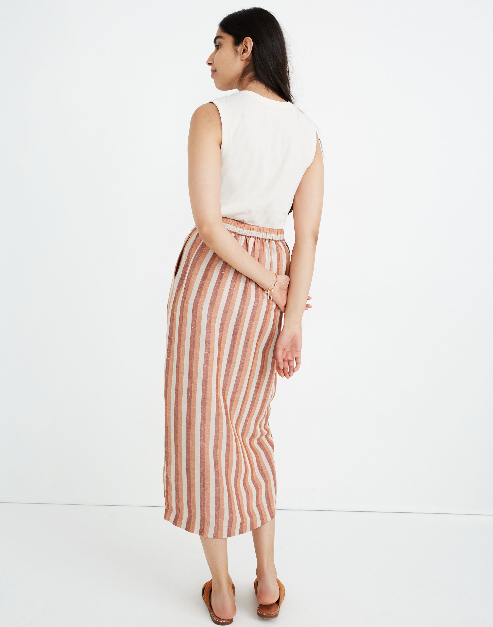 Pull-On Wrap Midi Skirt in Stripe