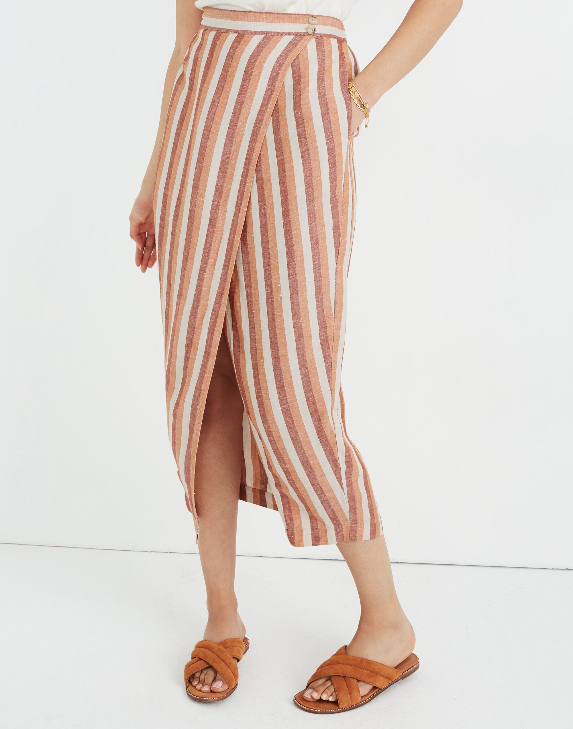 Pull-On Wrap Midi Skirt in Stripe