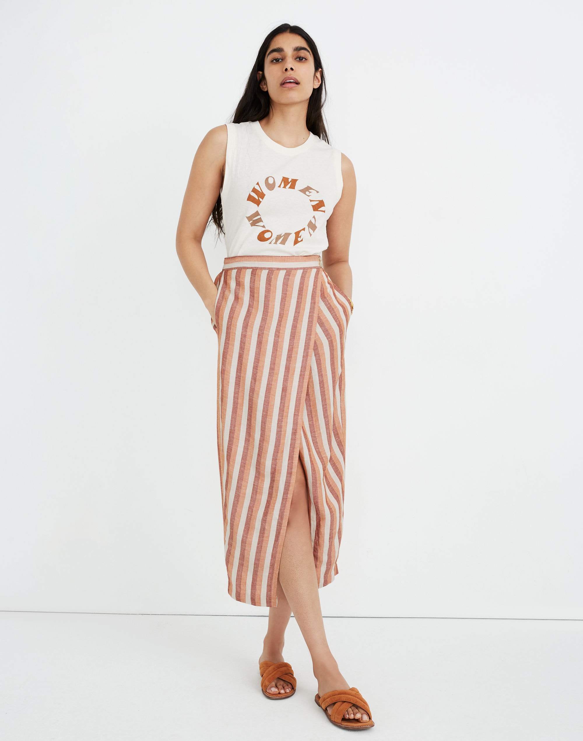 Pull-On Wrap Midi Skirt in Stripe