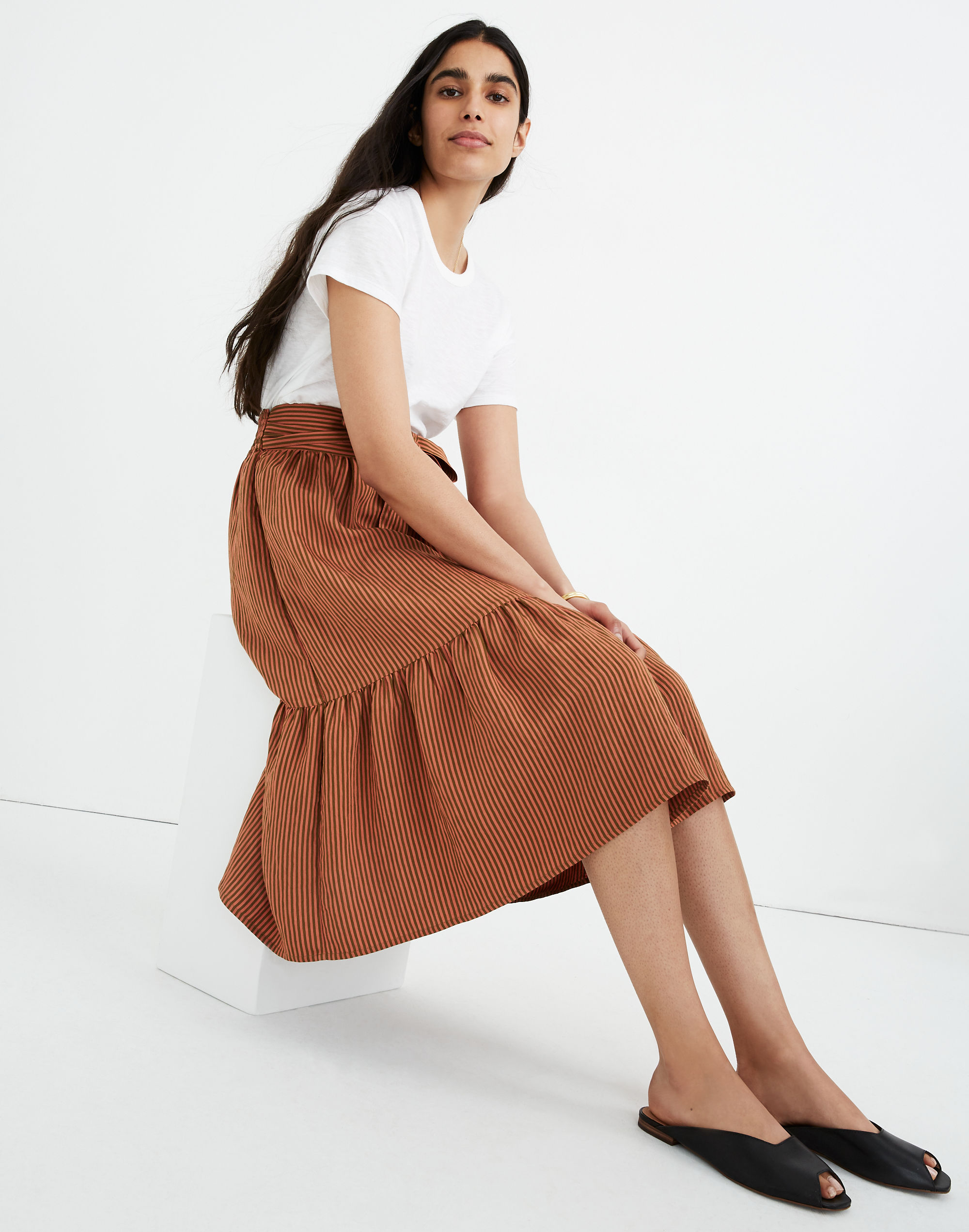 Tie-Waist Tiered Midi Skirt in Stripe