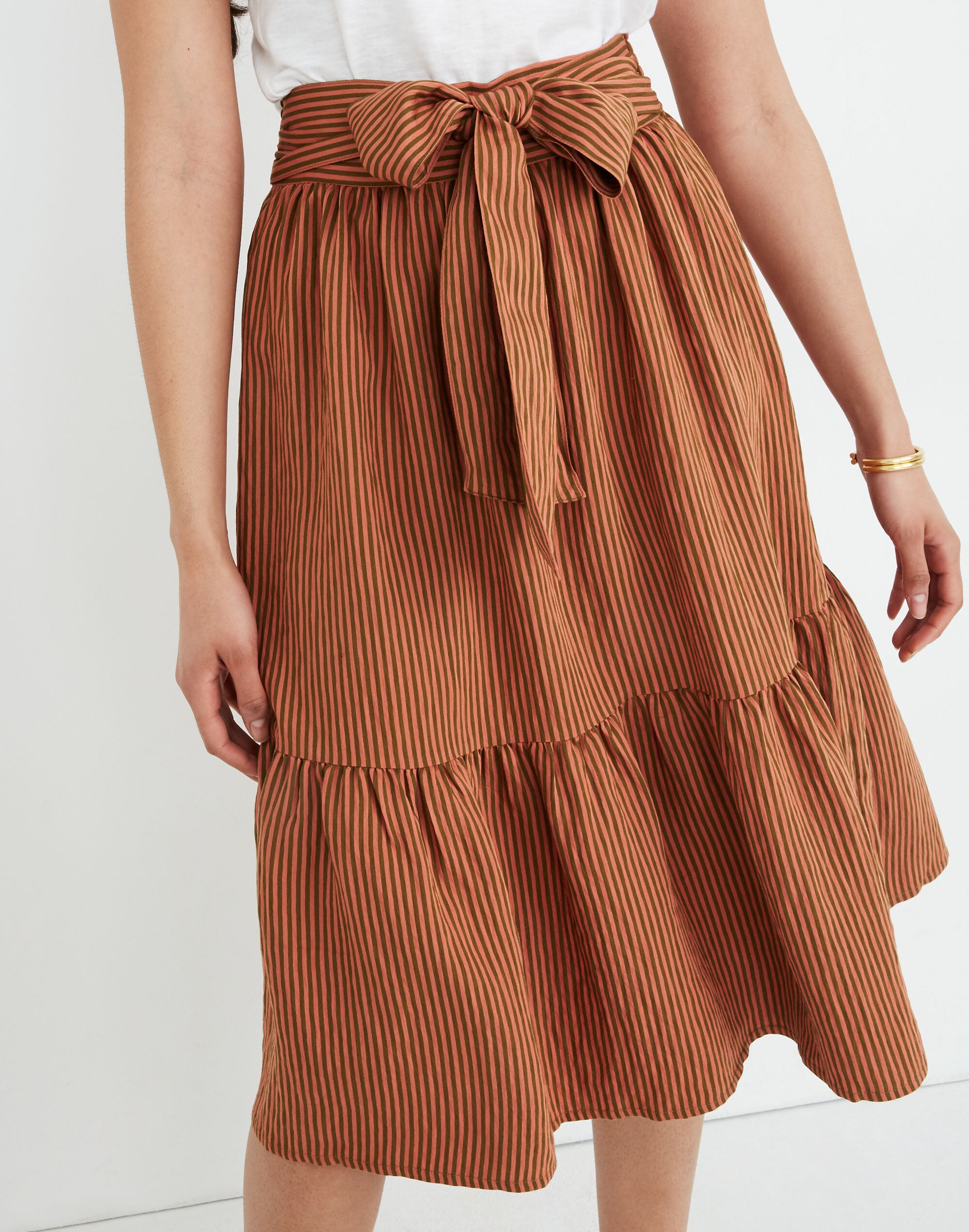 Tie-Waist Tiered Midi Skirt in Stripe