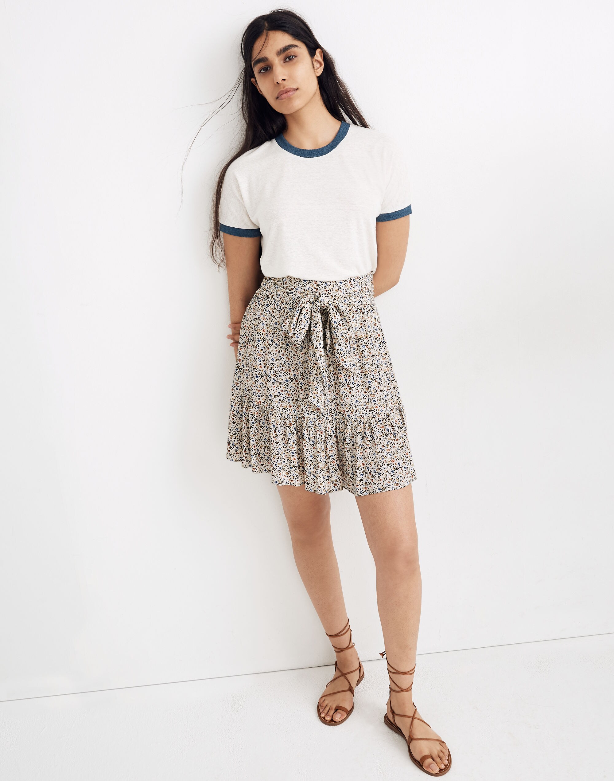 Tie-Waist Tiered Mini Skirt in Fieldwalk Floral