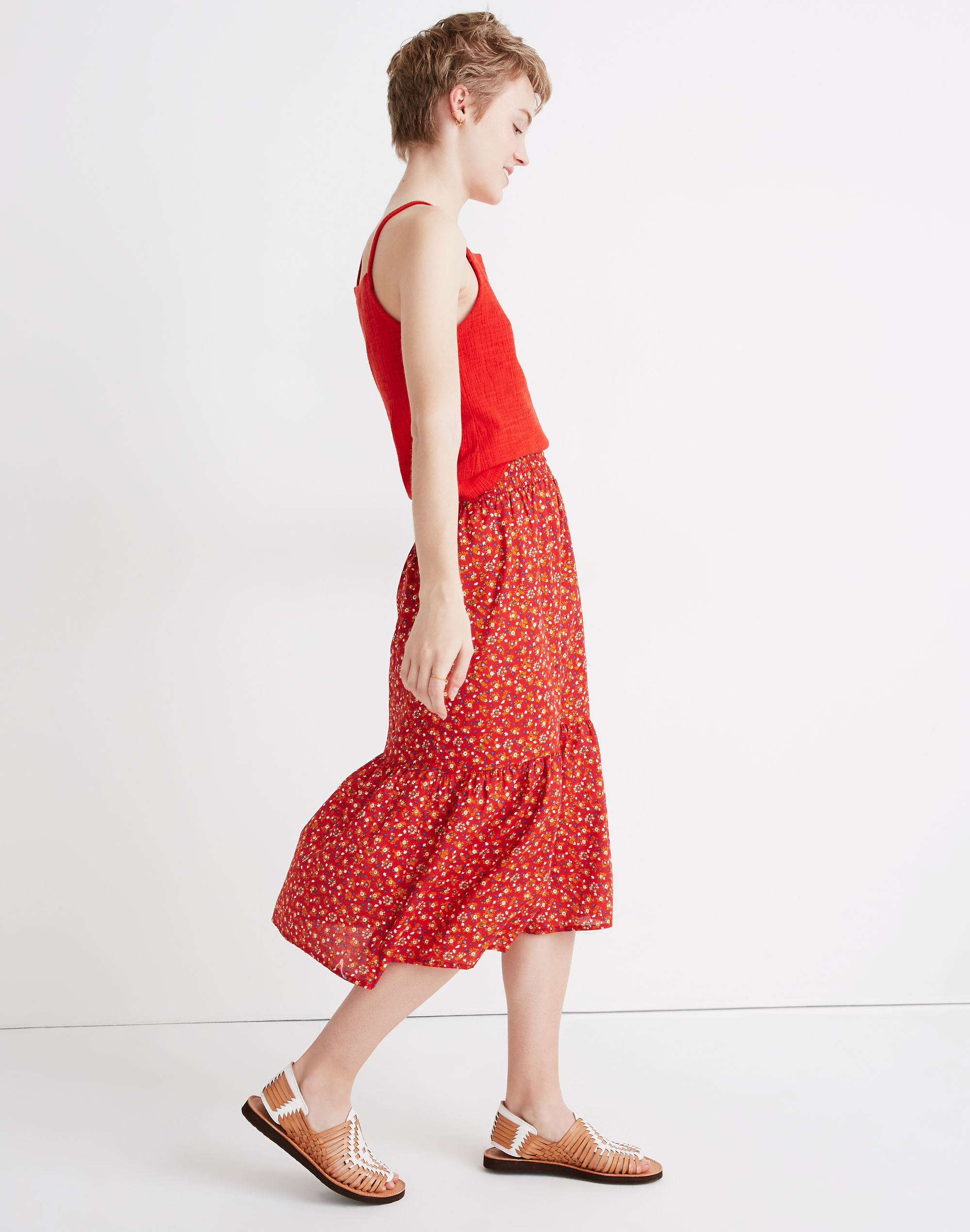 Smock-Waist Tiered Midi Skirt in Calico Floral